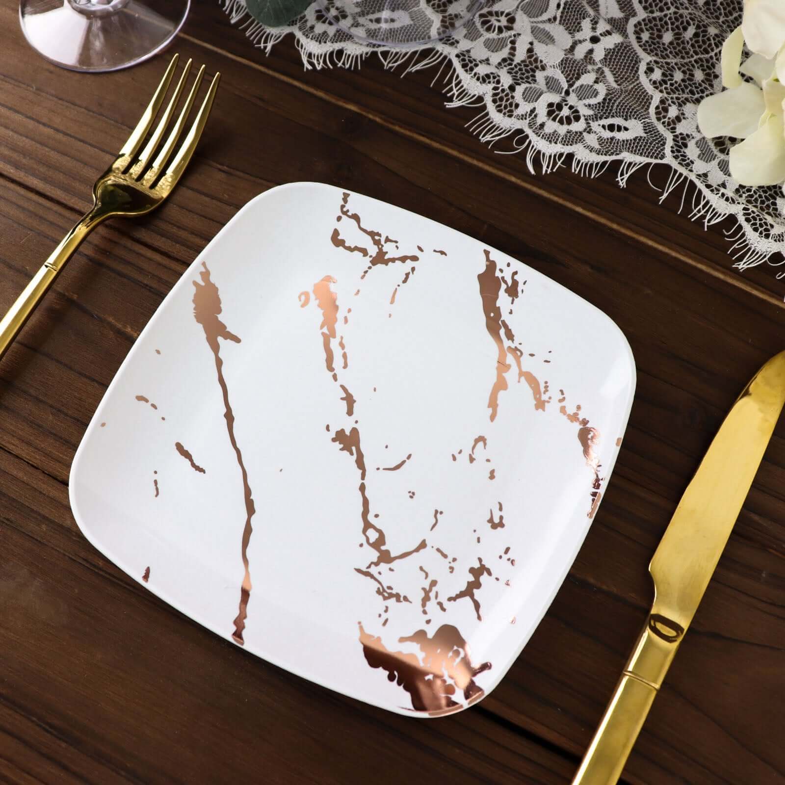 10-Pack Plastic 6" Square Appetizer Snack Plates in White with Rose Gold Marble Design - Disposable Dessert Party Plates for Weddings, Banquets & Special Events