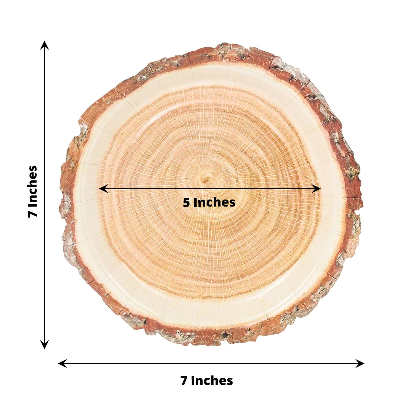 25-Pack Paper 7" Round Dessert Plates in Natural Wood Slice Print - Disposable Appetizer Salad Plates for Rustic Farmhouse Style Events
