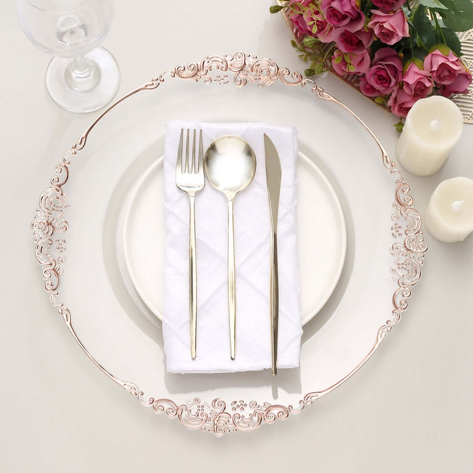 6-Pack Acrylic Round Charger Plates 13" in Clear with Rose Gold Embossed Baroque Rim, Antique Decorative Dinner Party Charger Tableware