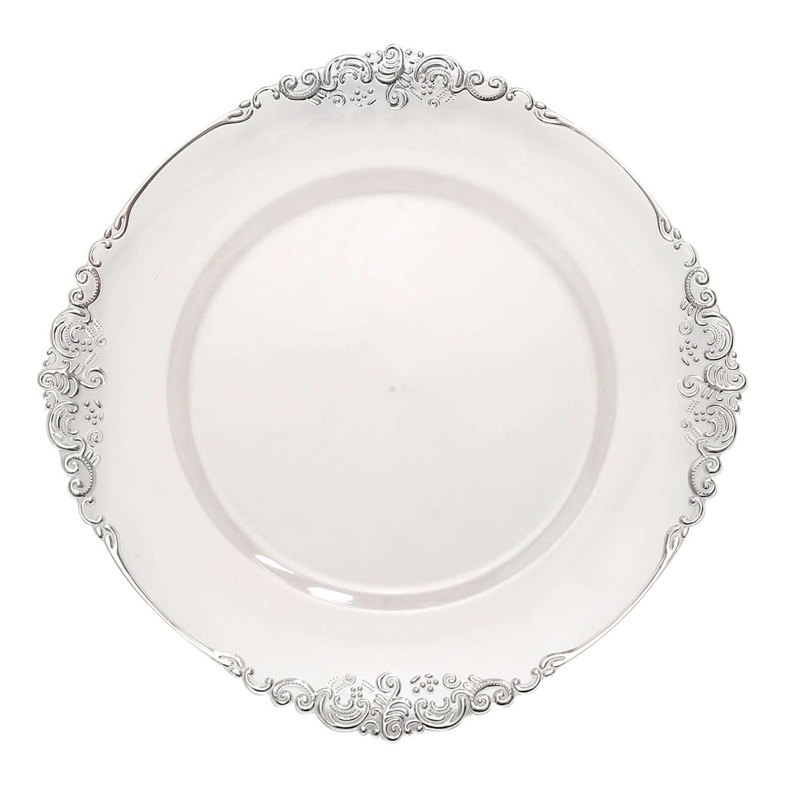 6-Pack Acrylic Round Charger Plates 13" in Clear with Silver Embossed Baroque Rim, Antique Decorative Dinner Party Charger Tableware