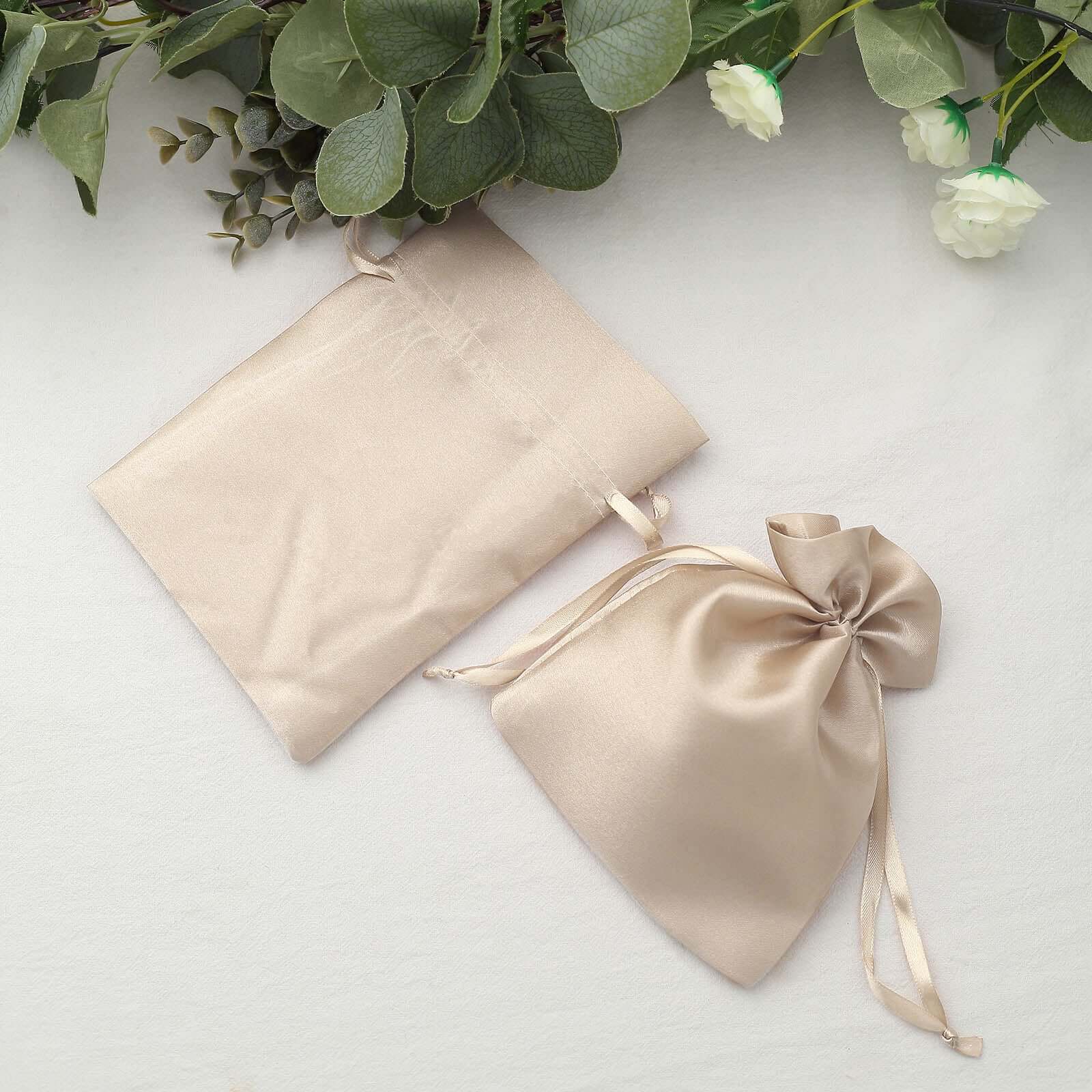 12 Pack 5"x7" Beige Satin Drawstring Wedding Party Favor Gift Bags