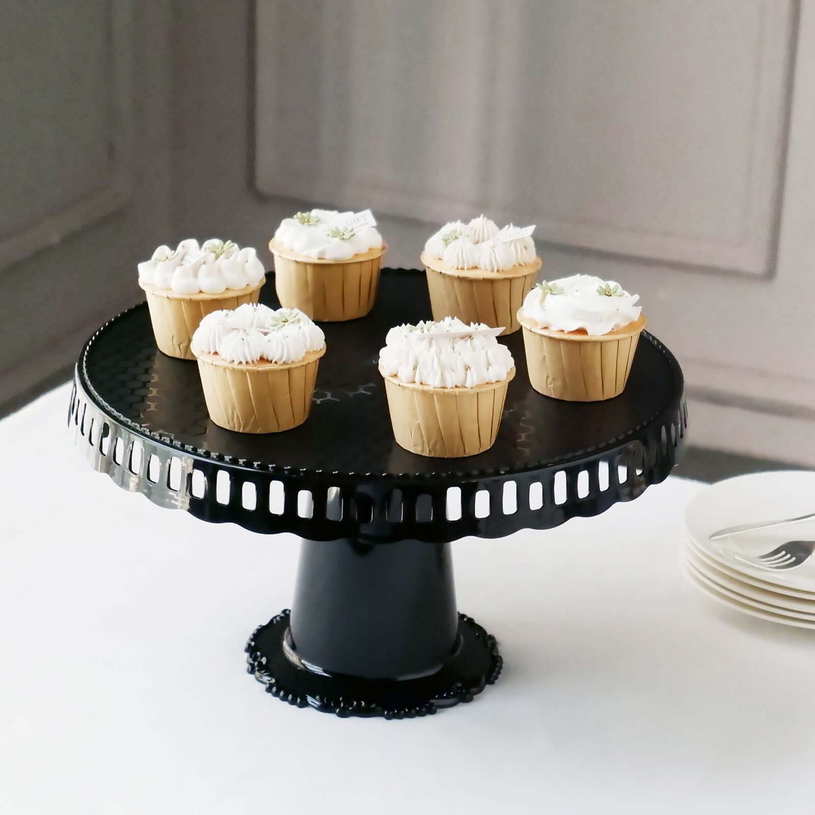 4-Pack Plastic Round Pedestal Cake Stands Black - Reusable Cupcake Pastry Display Risers with Hollow Ribbon Trim Edges for Stylish Dessert Presentation 13"