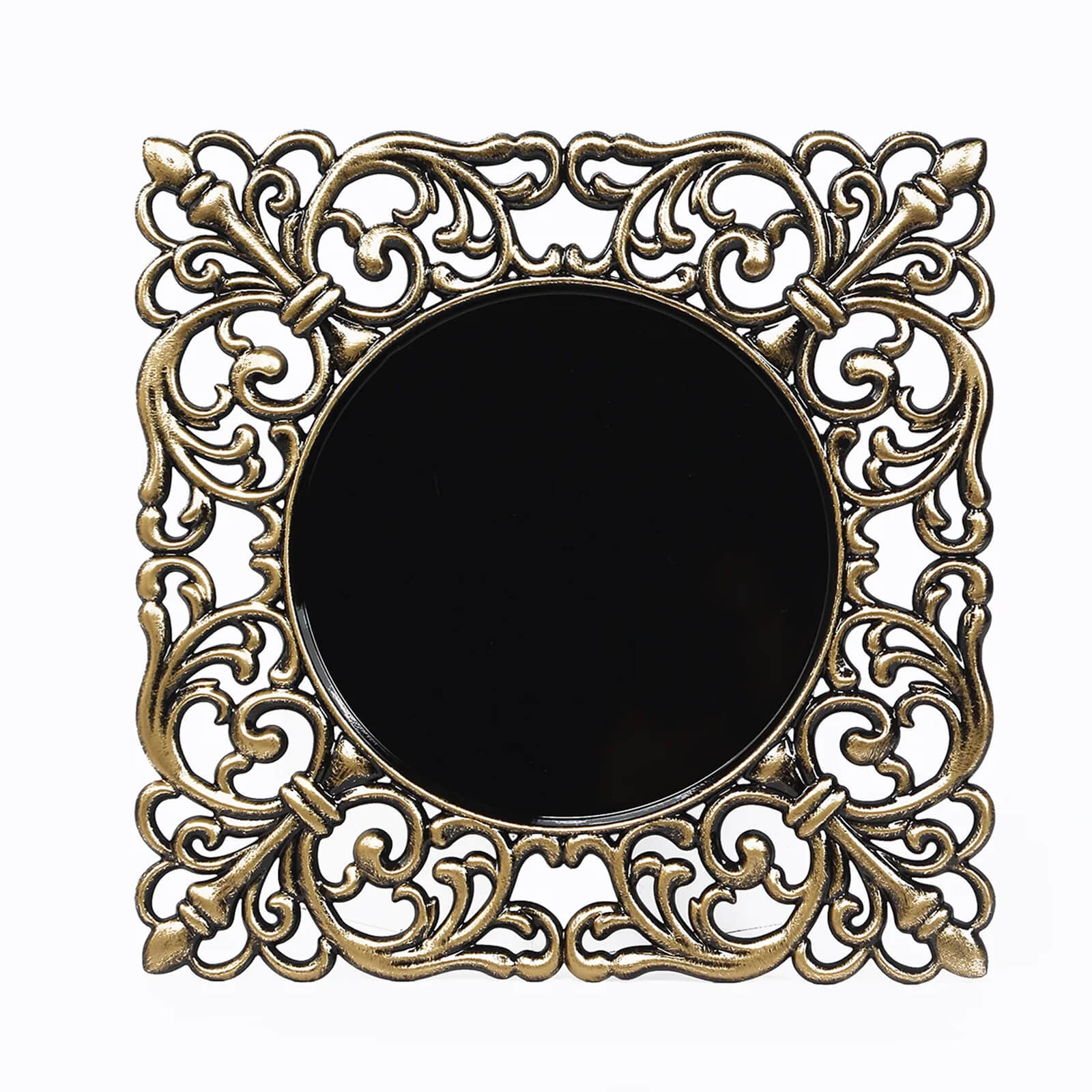 6-Pack Acrylic Square Charger Plates 12" in Black with Antique Gold Hollow Lace Border, Event Tabletop Decorative Charger Tableware