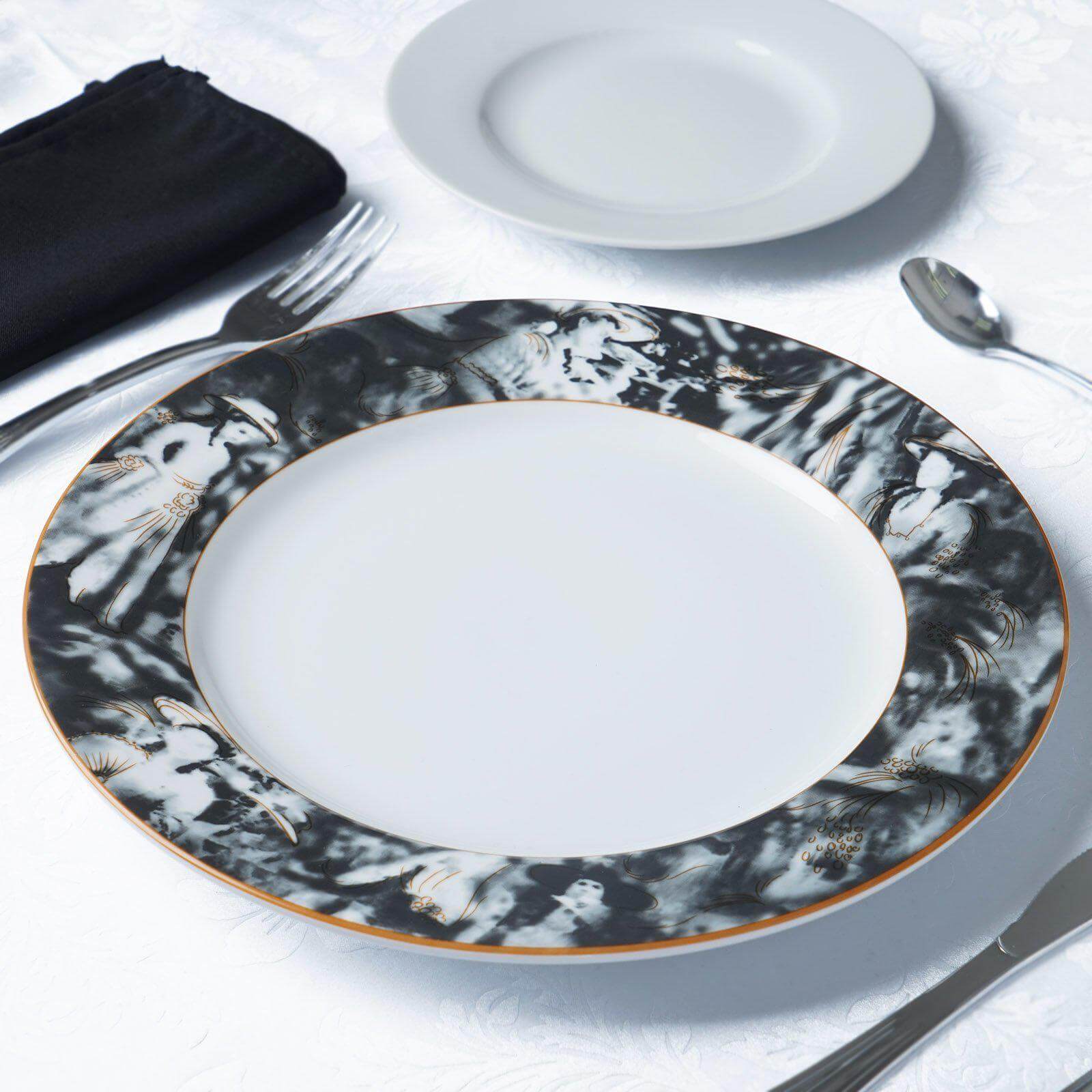 12-Pack Porcelain Dinner Plates White/Black Break Resistant - Durable Microwave Safe Plates with Art Nouveau Rim 11"