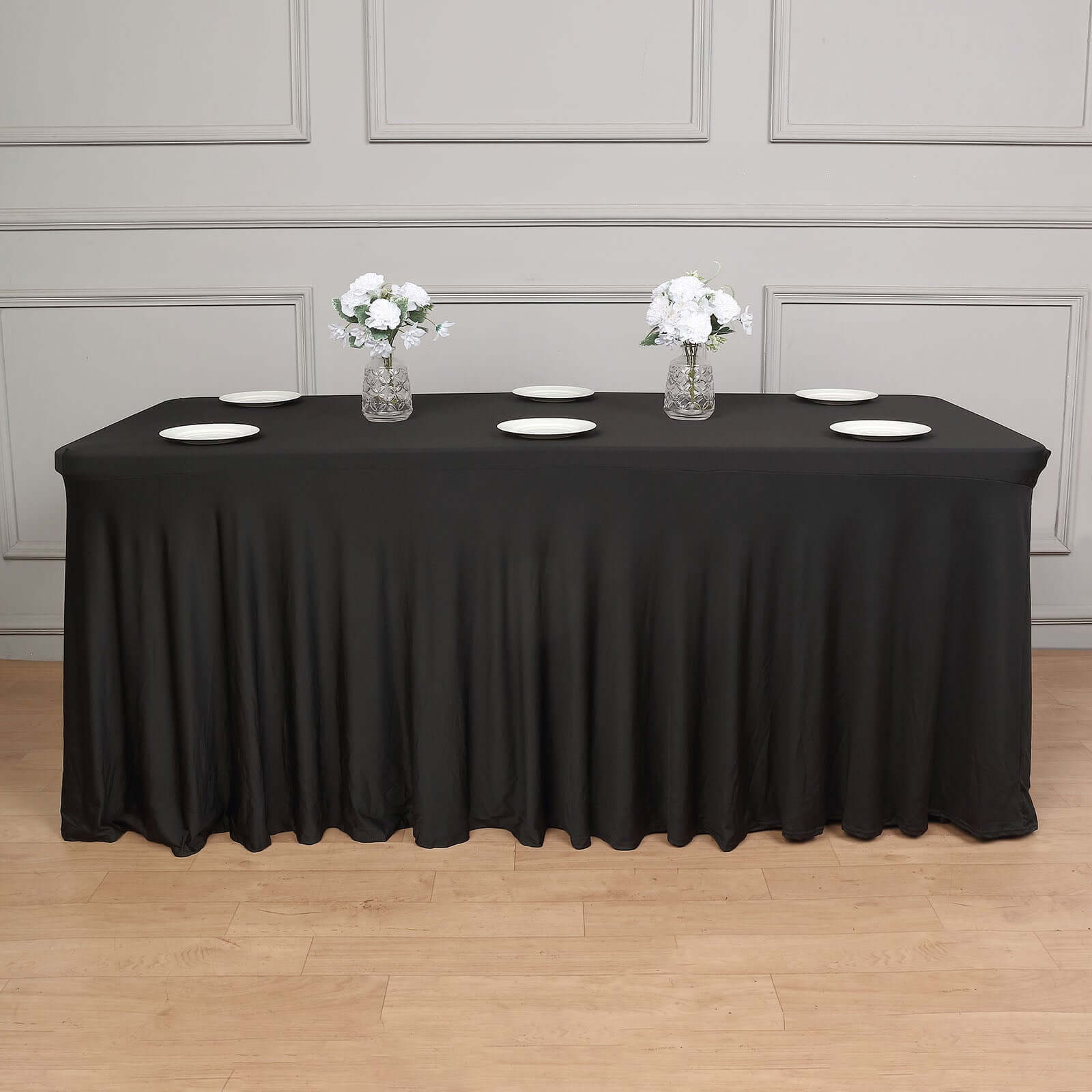 Spandex Rectangle 72"x30" Table Skirt Black with Wavy Skirt-Like Effect Table Cover