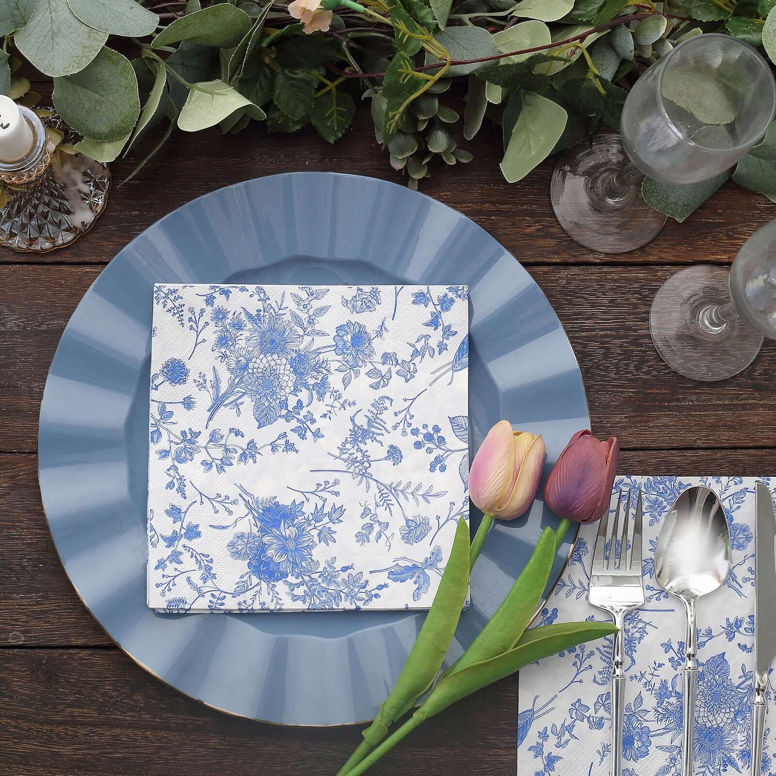 20-Pack Paper Cocktail Napkins with French Toile Print White/Blue - Disposable 2 Ply Beverage Napkins for Events 5"x5"