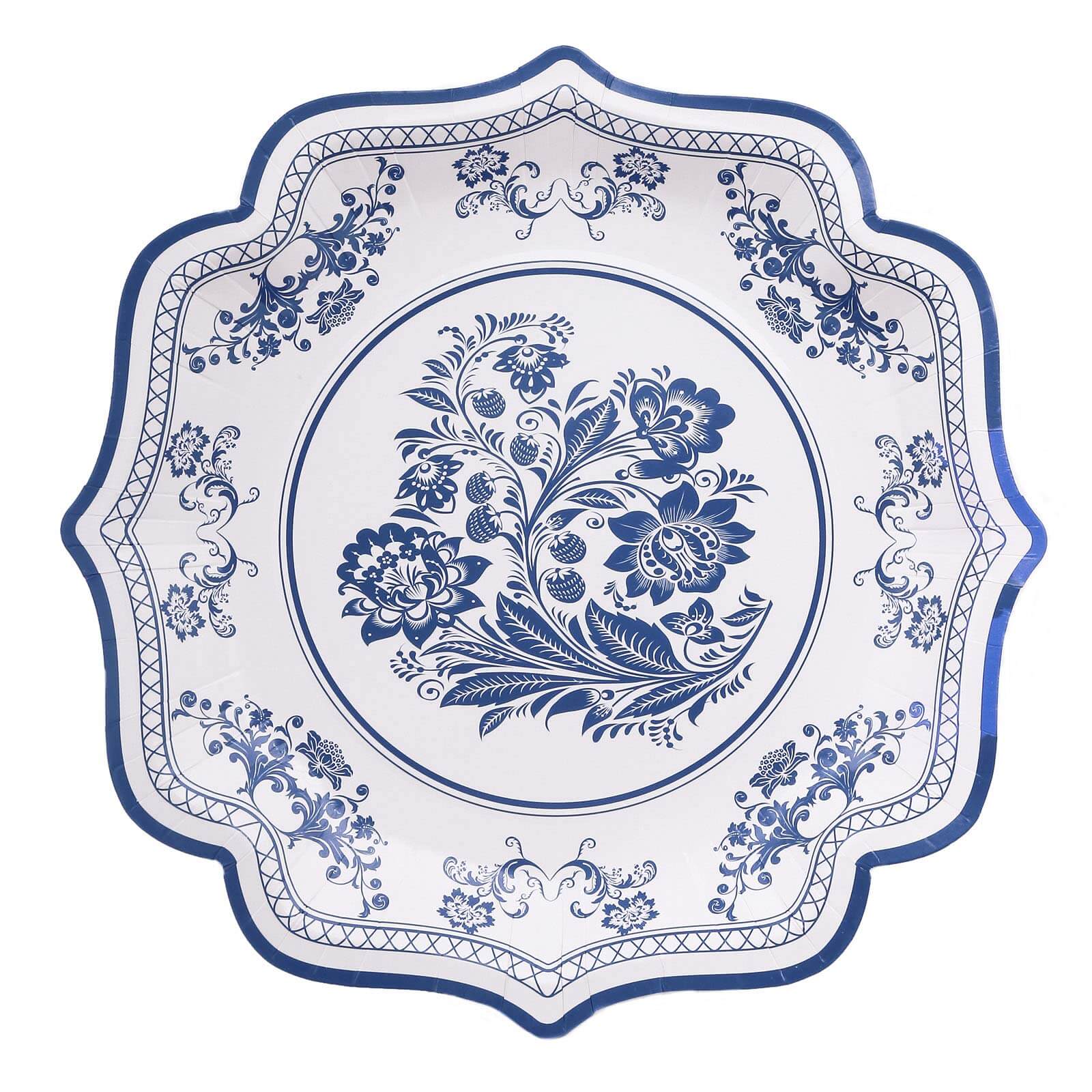 25-Pack Paper Dinner Plates in White Light Blue Damask Floral Print & Scallop Rim - Stylish Disposable 300GSM Floral Party Plates 10"