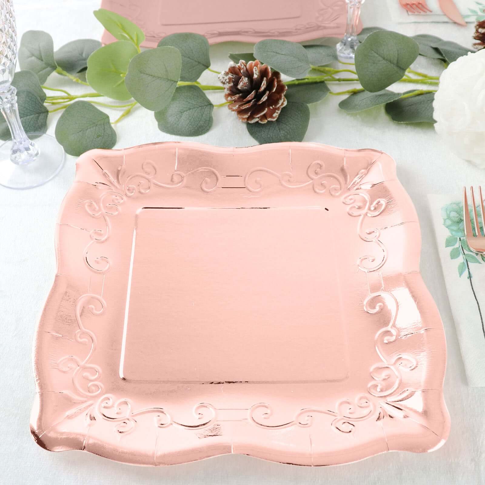 25-Pack Paper 11" Square Dinner Plates in Blush Rose Gold with Vintage Pottery Embossed Design - Shiny Metallic Disposable Serving Plates