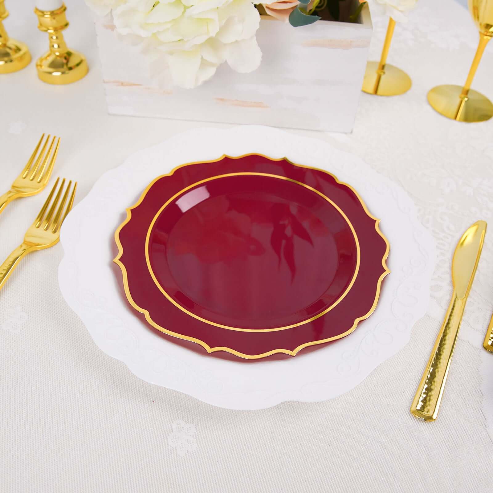 10-Pack Plastic 8" Round Desert Plates in Burgundy with Gold Scalloped Rim - Disposable Appetizer/Salad Plates