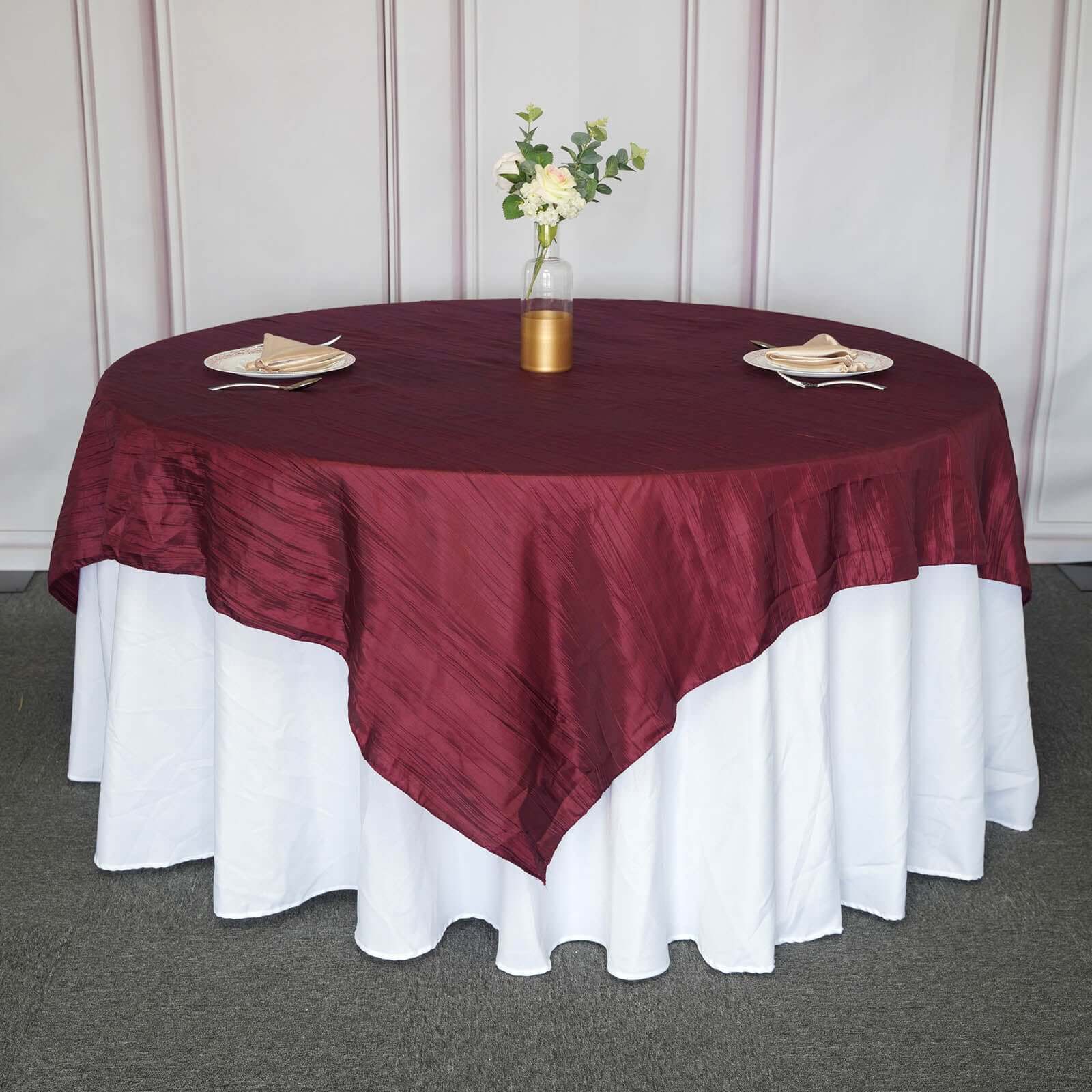 Taffeta 90"x90" Table Overlay Square Tablecloth Burgundy - Accordion Crinkle Table Cover