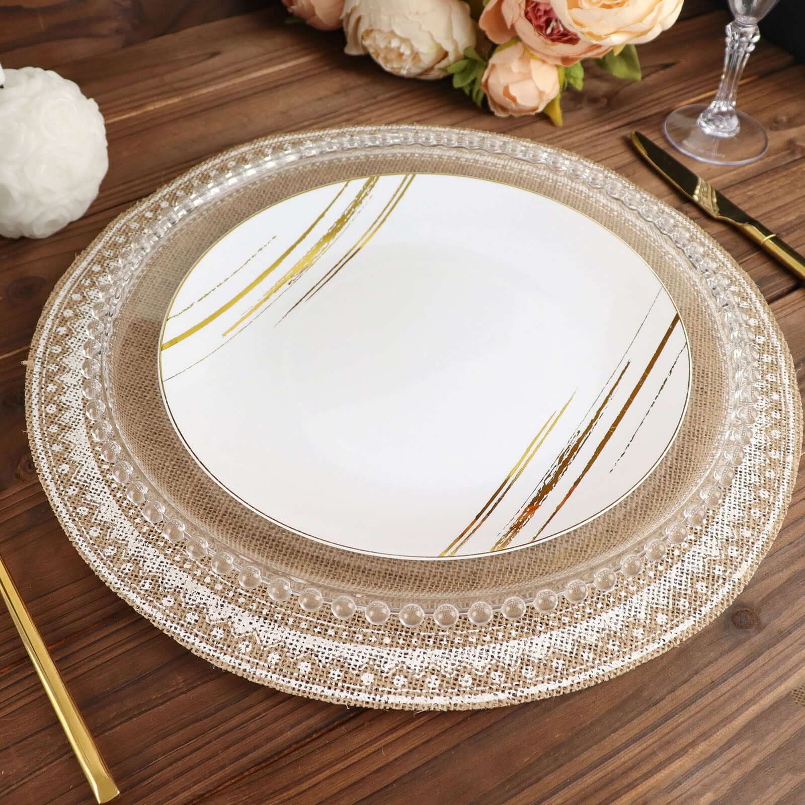 4-Pack Placemats Braided Design Natural Jute and White Round - Rustic Burlap Woven Table Mats 15"