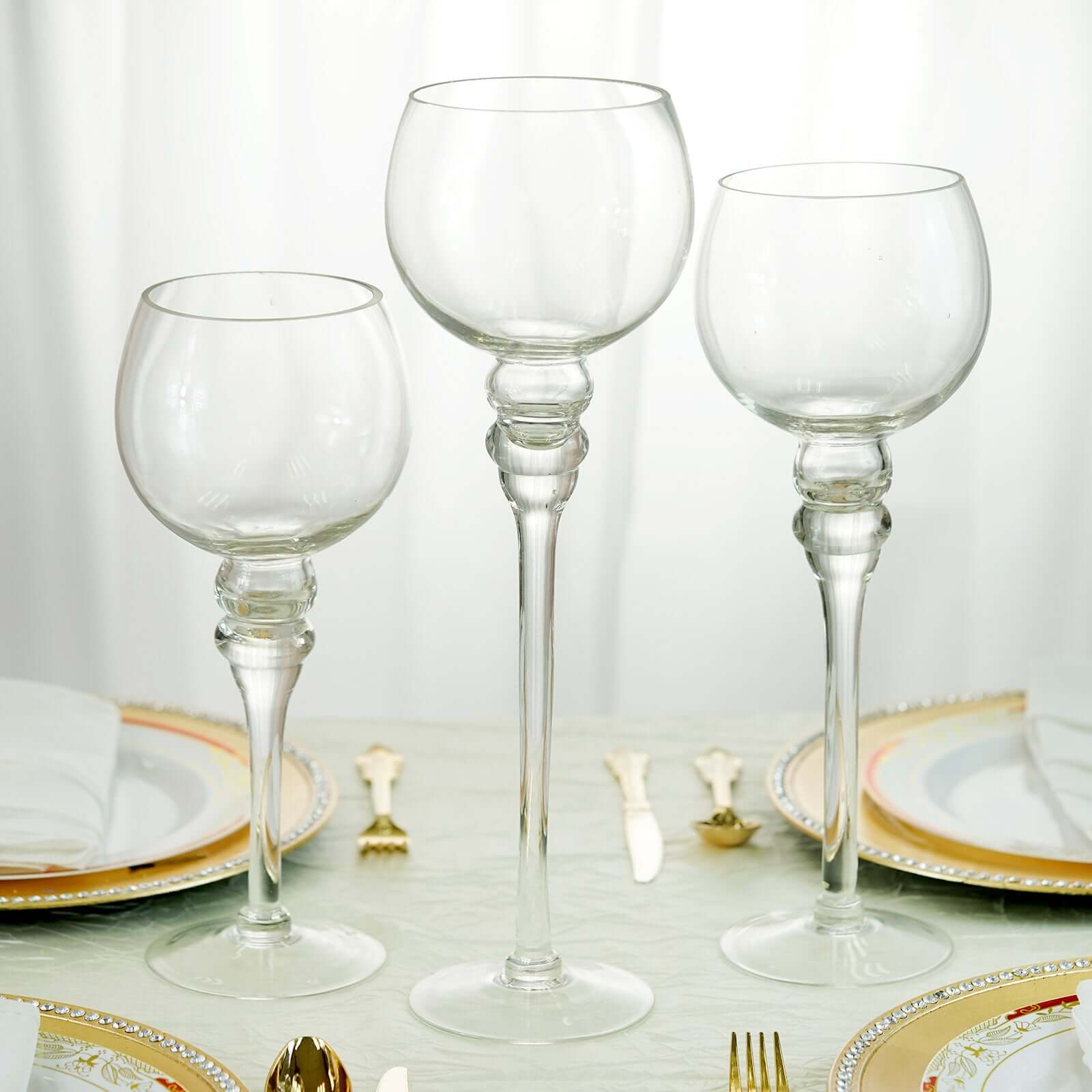 Set of 3 Glass Globe Vases Long Stem Clear - Stylish Candle Holder Floral Centerpieces 12", 14", 16"