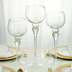 Set of 3 Glass Globe Vases Long Stem Clear - Stylish Candle Holder Floral Centerpieces 12", 14", 16"