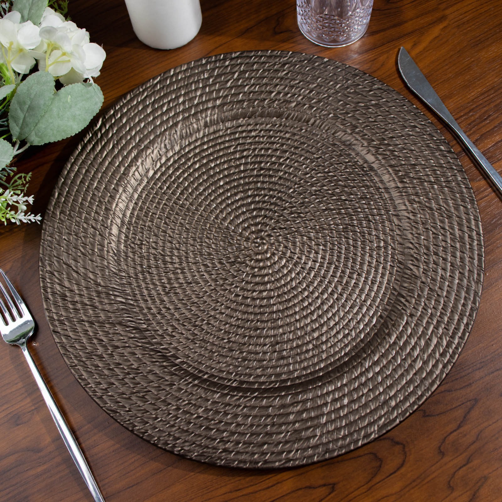6-Pack Acrylic Round Charger Plates 13" in Natural Brown with Rattan-Like Design, Farmhouse Disposable Plastic Charger Tableware