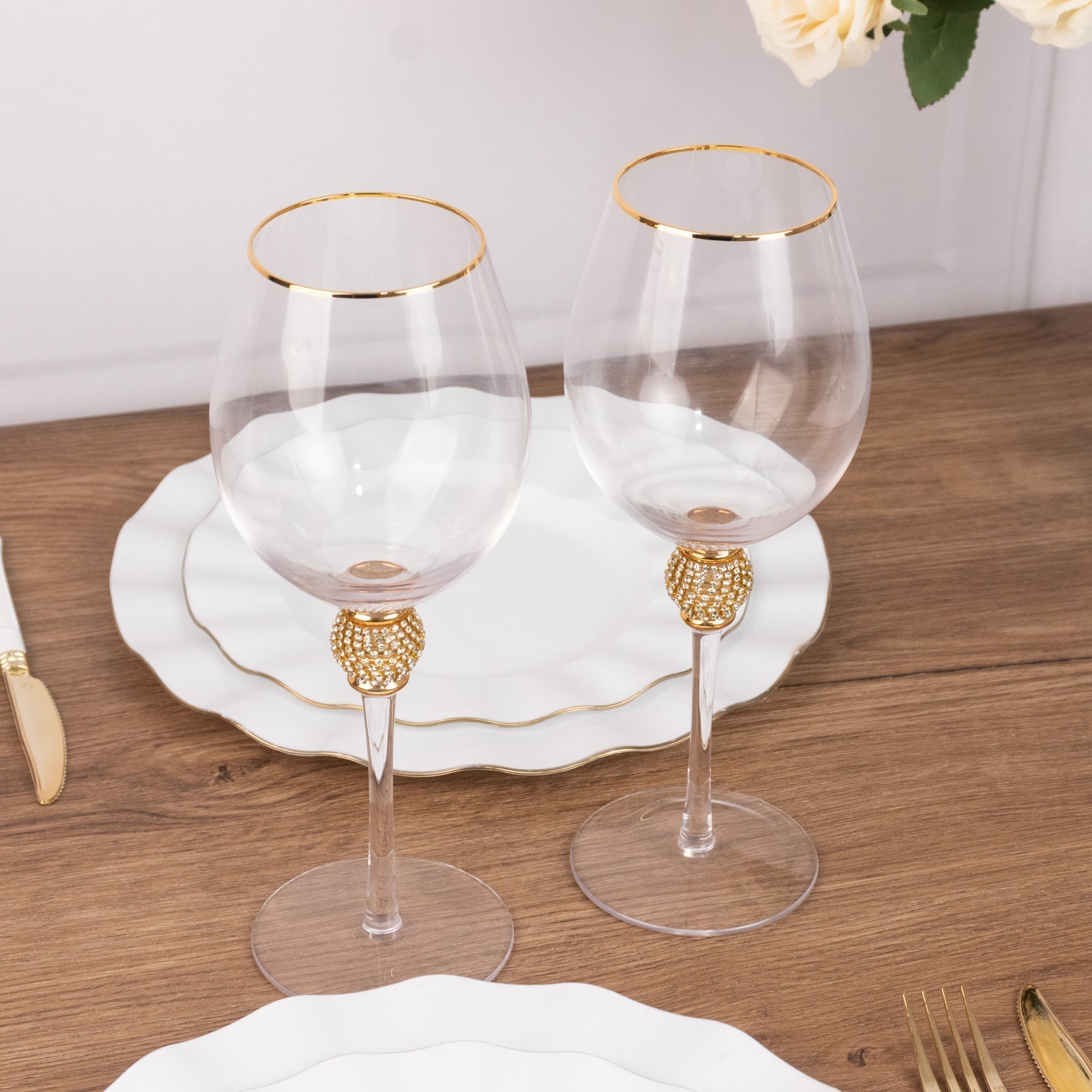 Set of 6 Wine Goblet Glasses Clear Gold Rimmed Design with Rhinestone Studded Stem - Handblown Vintage Crystal Glasses for Cocktails 16oz 10"