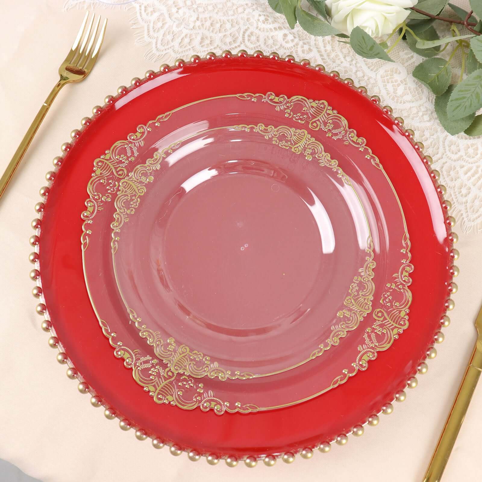 6-Pack Acrylic Round Charger Plates 13" in Red with Gold Beaded Rim, Decorative Dinner Party Charger Tableware