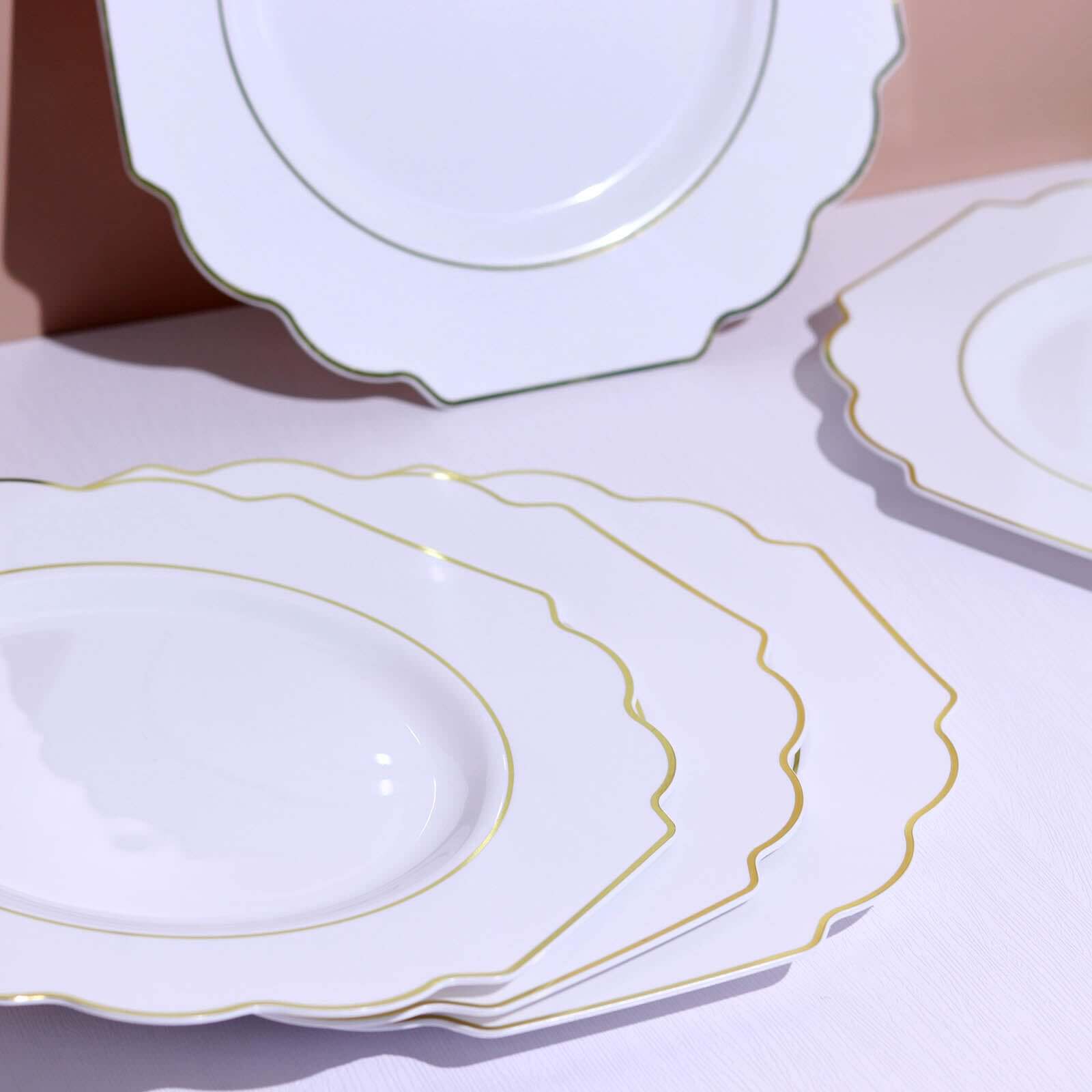 10-Pack Plastic Dinner Plates in White Baroque Design with Scalloped Gold Rim - Heavy Duty Disposable Party Plates for Events & Banquets 11"
