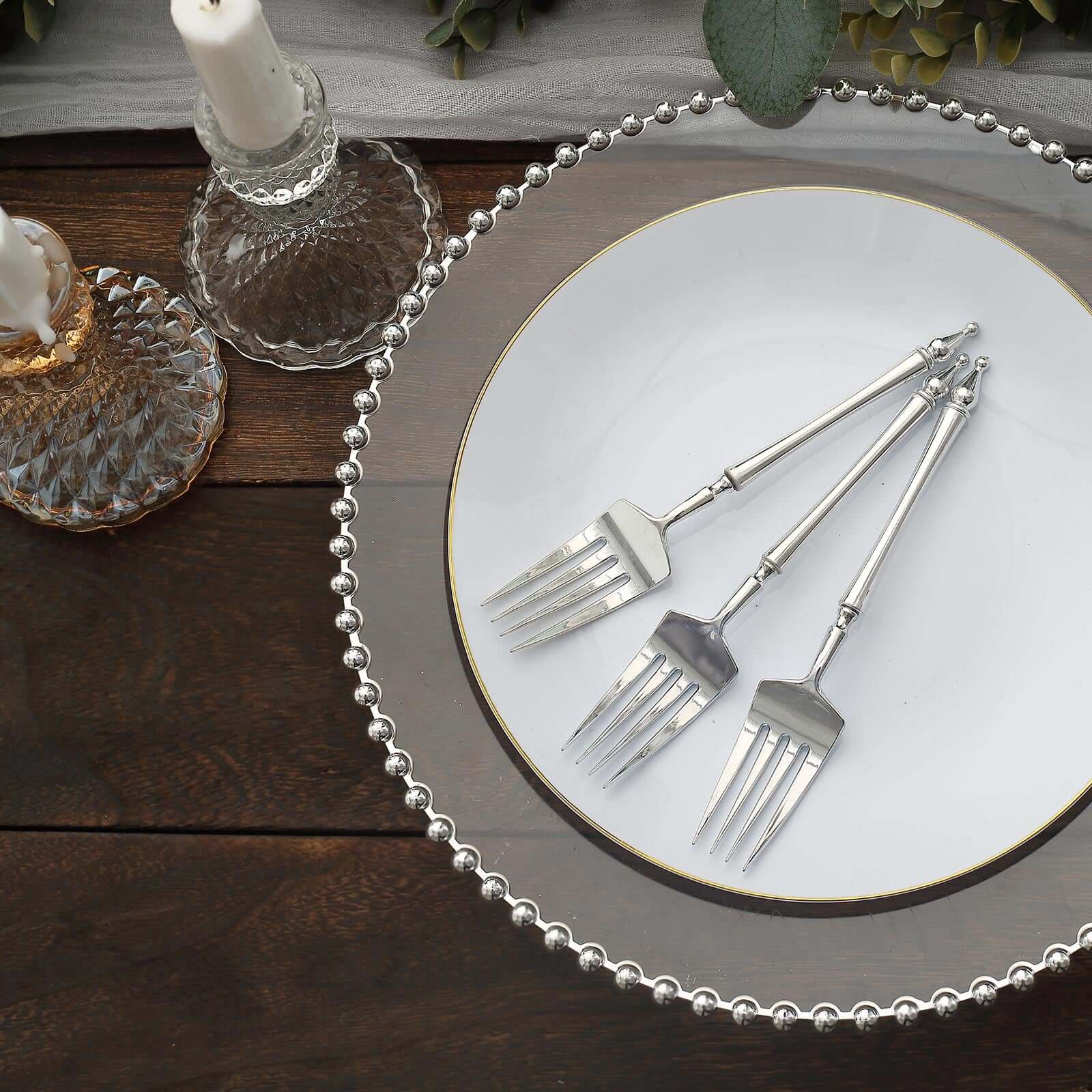24-Pack Plastic Dessert Forks with Roman Column Handle Silver - European Style Disposable Utensils 6"
