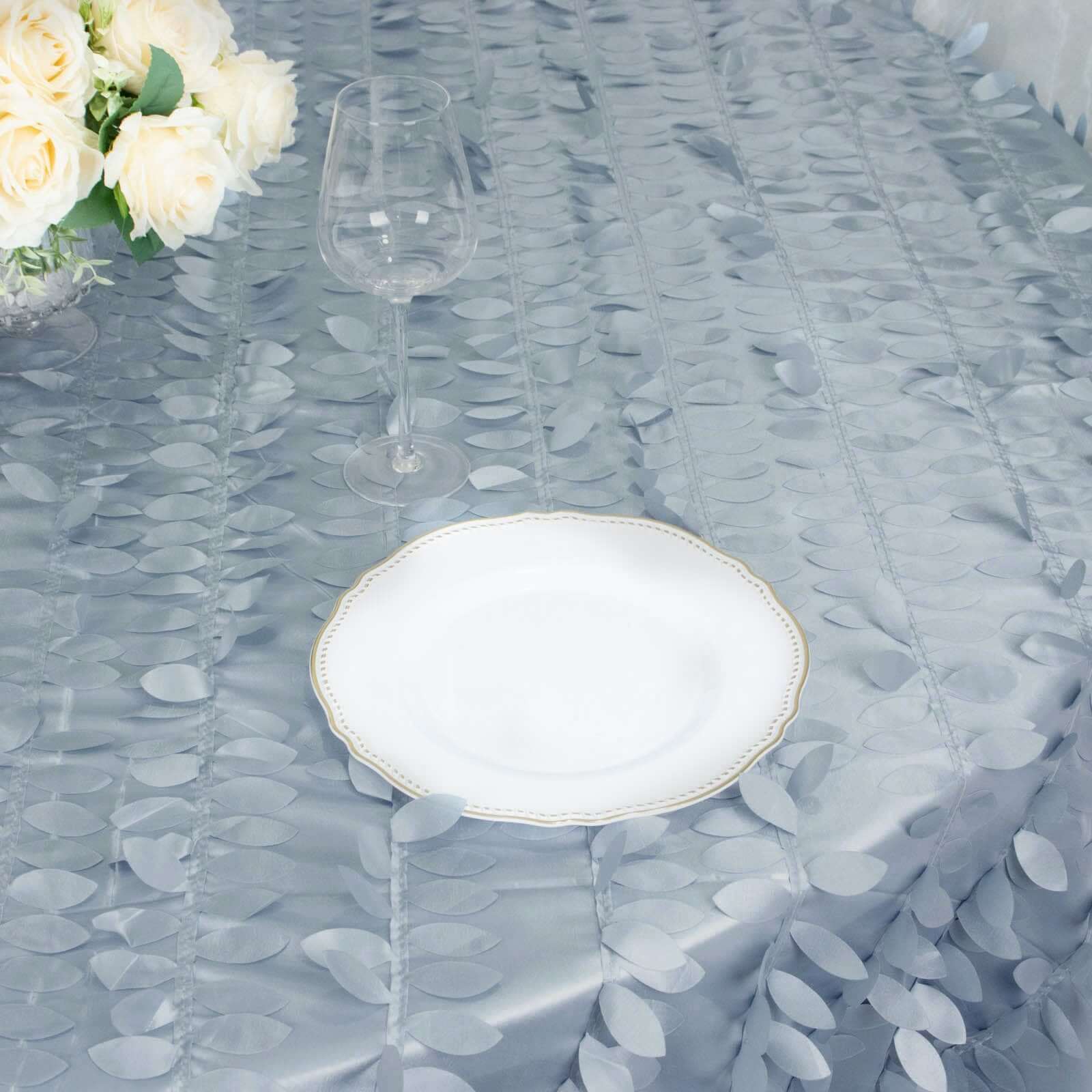 Taffeta 132" Round Tablecloth Dusty Blue | 3D Leaf Petal Design Seamless Table Cover
