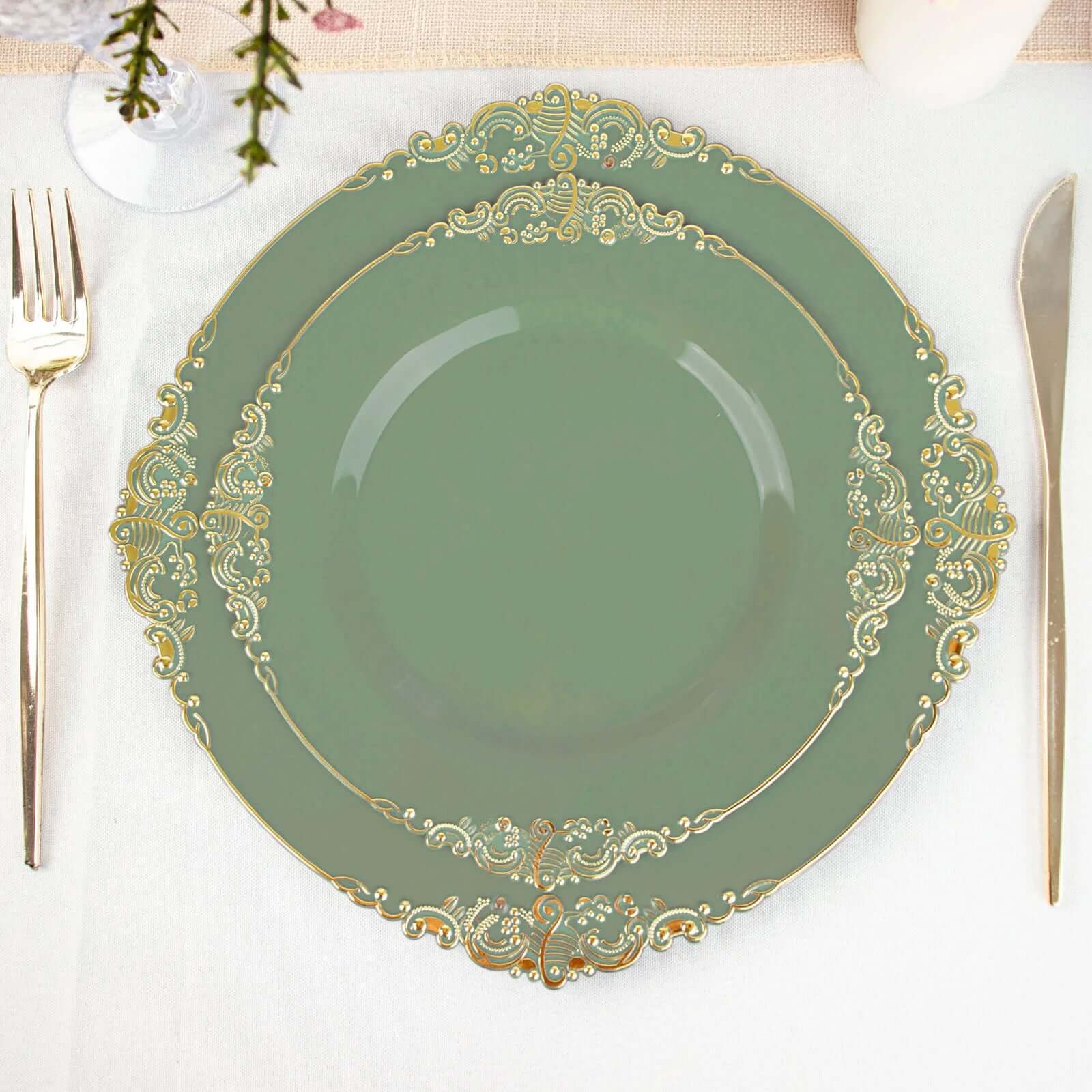 10-Pack Plastic 8" Round Dessert Plates in Dusty Sage Green with Gold Leaf Embossed Rim - Disposable Vintage Baroque Style Salad Plates