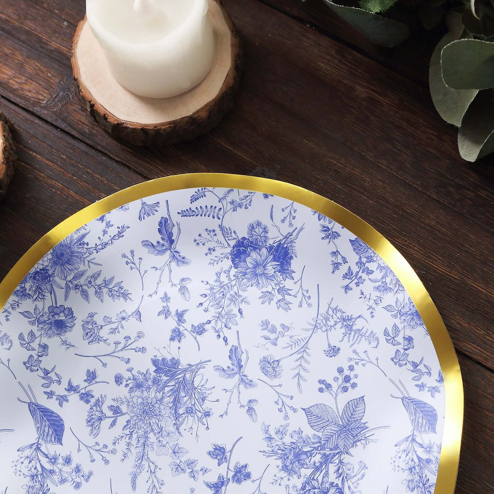 25-Pack Paper Round Dessert Plates 8" in White with Blue French Toile Pattern & Gold Wavy Rim - Disposable 350GSM Salad Plates