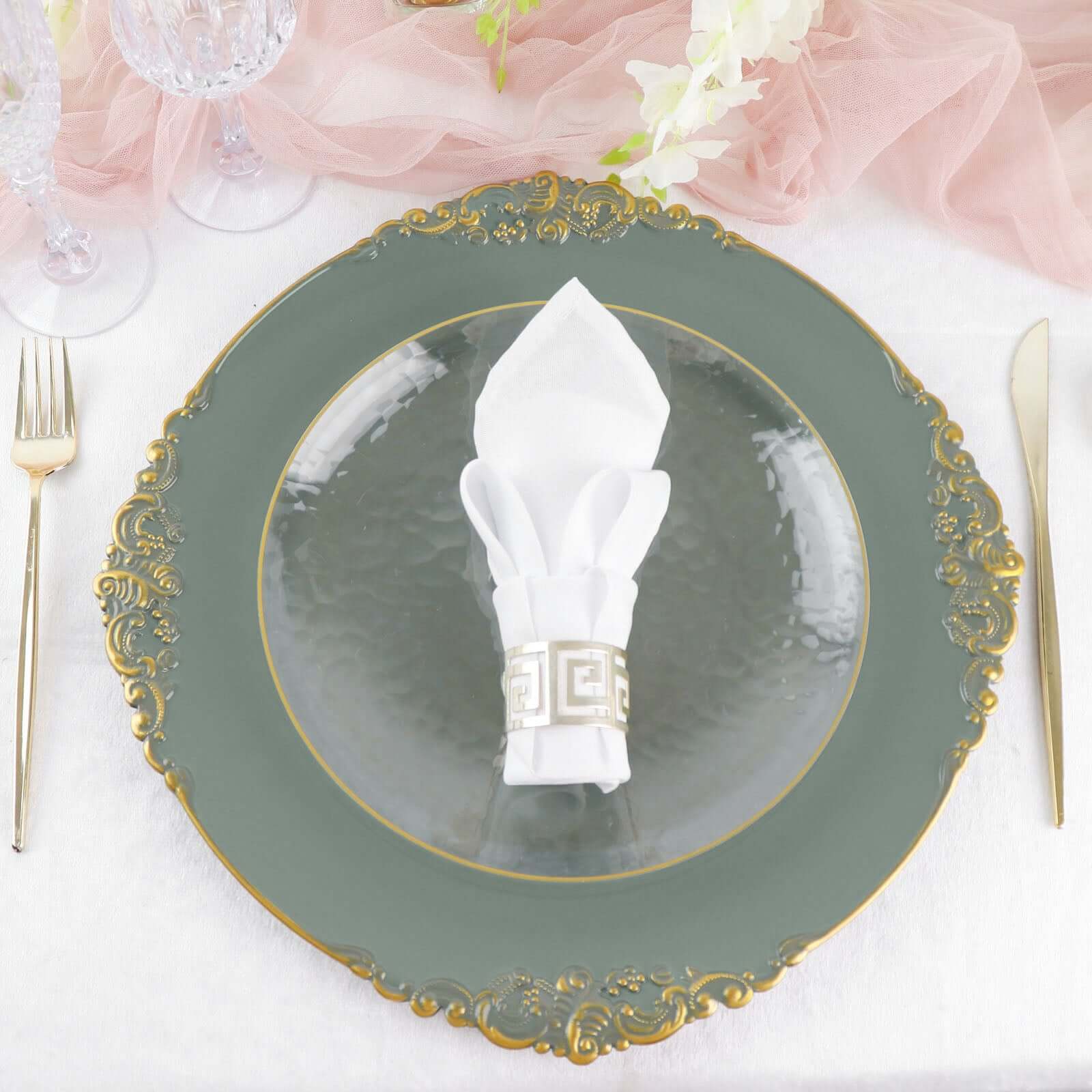 6-Pack Acrylic Round Charger Plates 13" in Olive Green with Gold Embossed Baroque Rim, Antique Decorative Dinner Party Charger Tableware