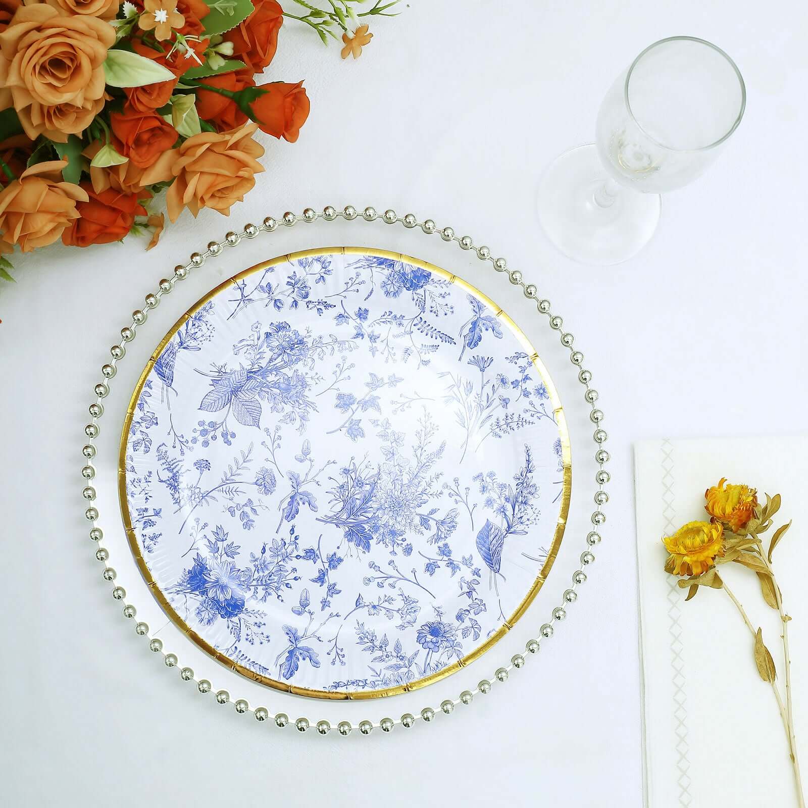 25-Pack Paper 9" Round Dinner Plates in White with Light Blue French Toile Pattern & Gold Rim - Disposable Party Plates for Picnics & Chic Brunches