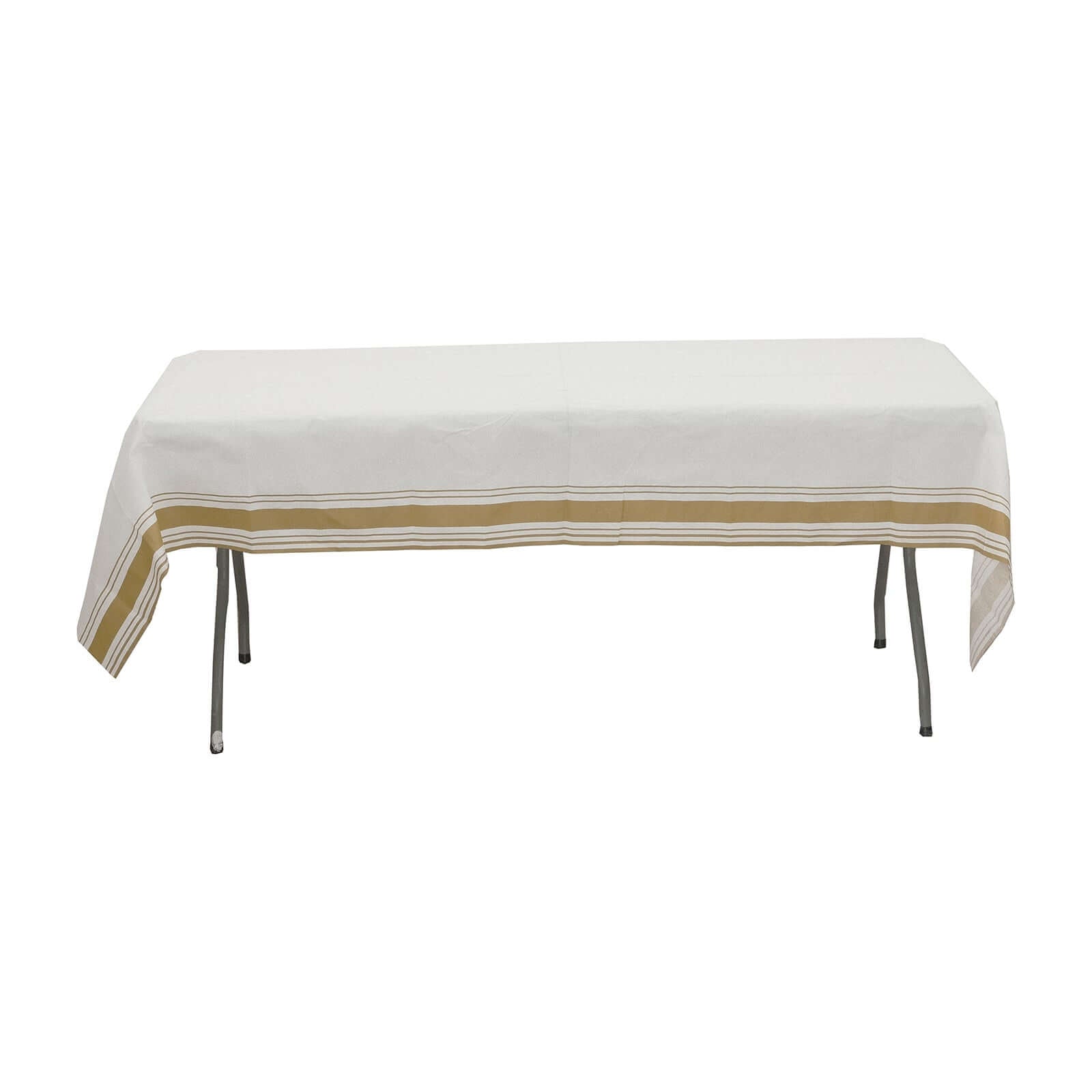 Paper Linen-Like Tablecloth Rectangle White with Gold Striped Border - Decorative Disposable Cover for Events 50"x108"