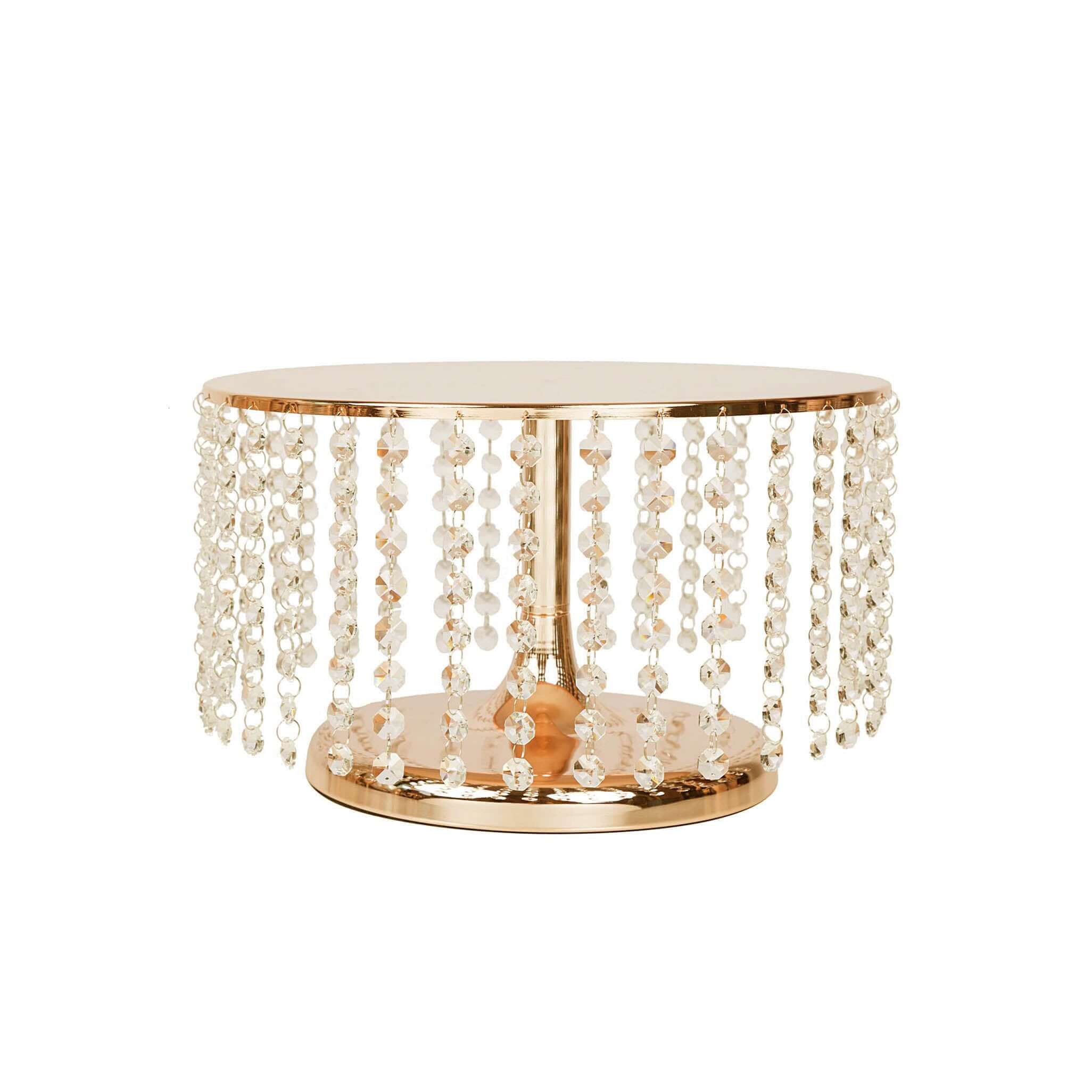 Metal Cake Stand Round Design Metallic Gold with Crystal Chains 14" Dia - Cupcake Dessert Pedestal 8" Tall