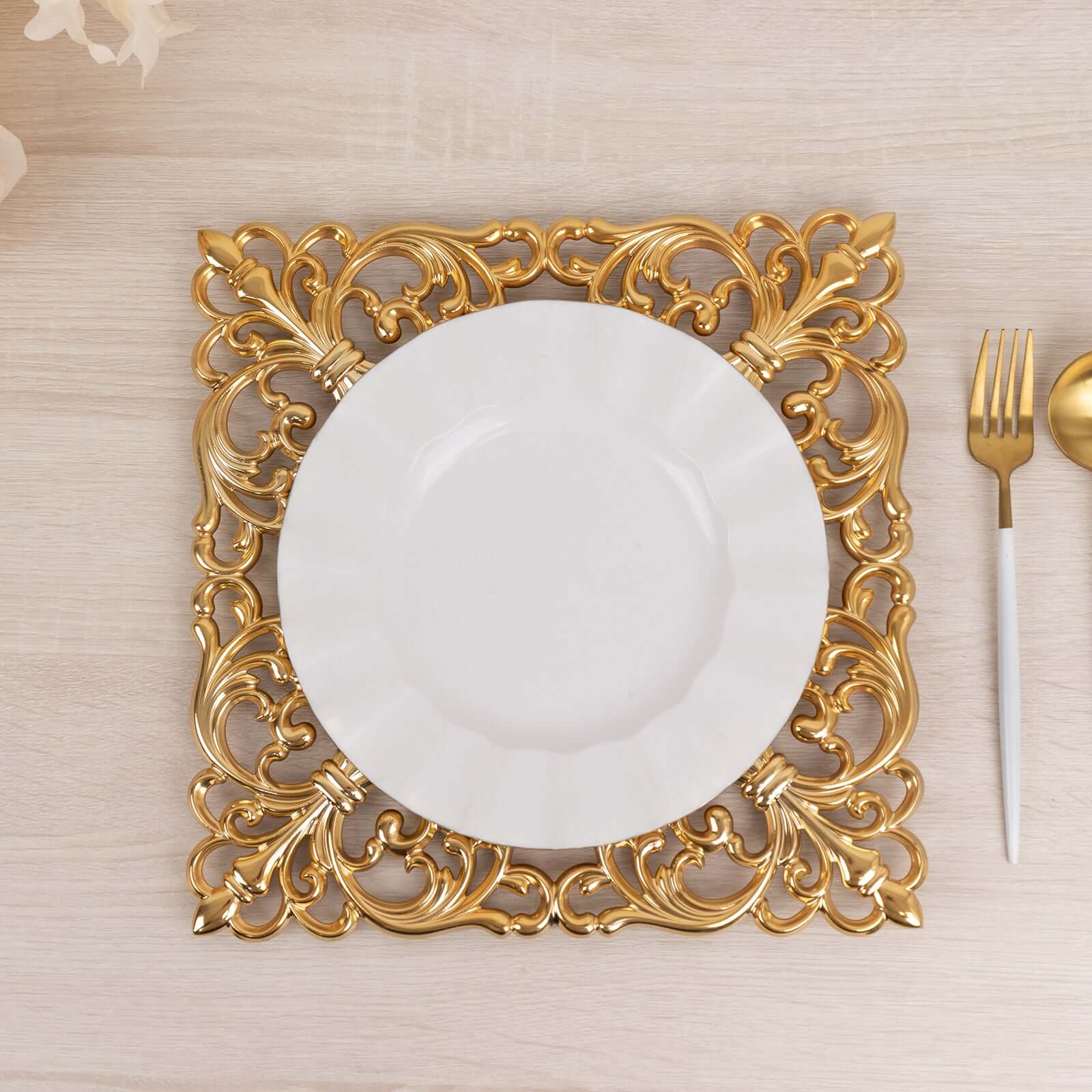 6-Pack Acrylic Square Charger Plates 12" in Gold with Hollow Lace Border, Event Tabletop Decorative Charger Tableware