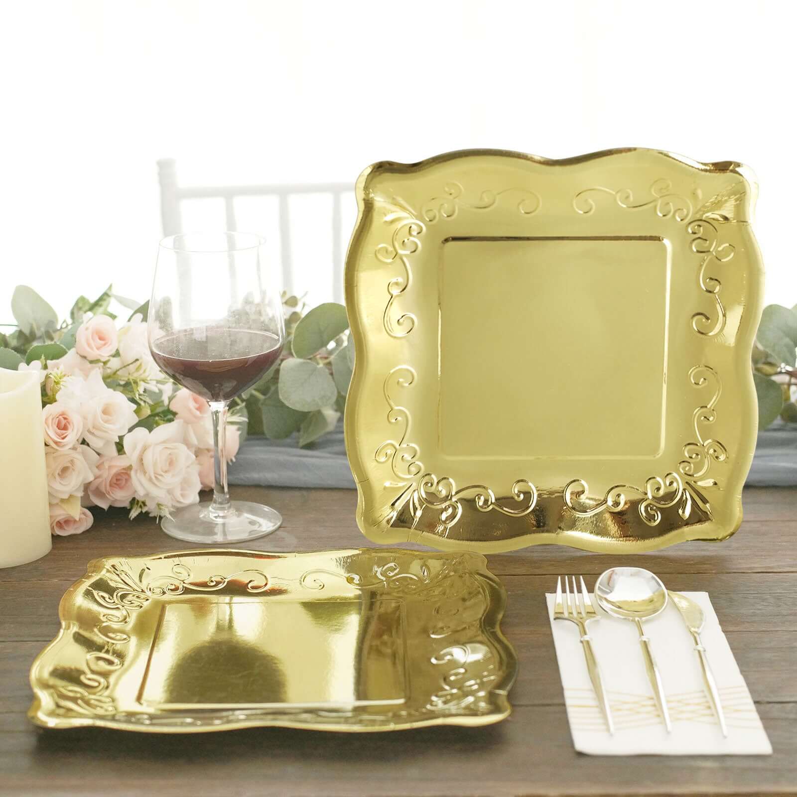 25-Pack Paper 11" Square Dinner Plates in Gold with Vintage Pottery Embossed Design - Shiny Metallic Disposable Serving Plates for Glamorous Dinners & Events