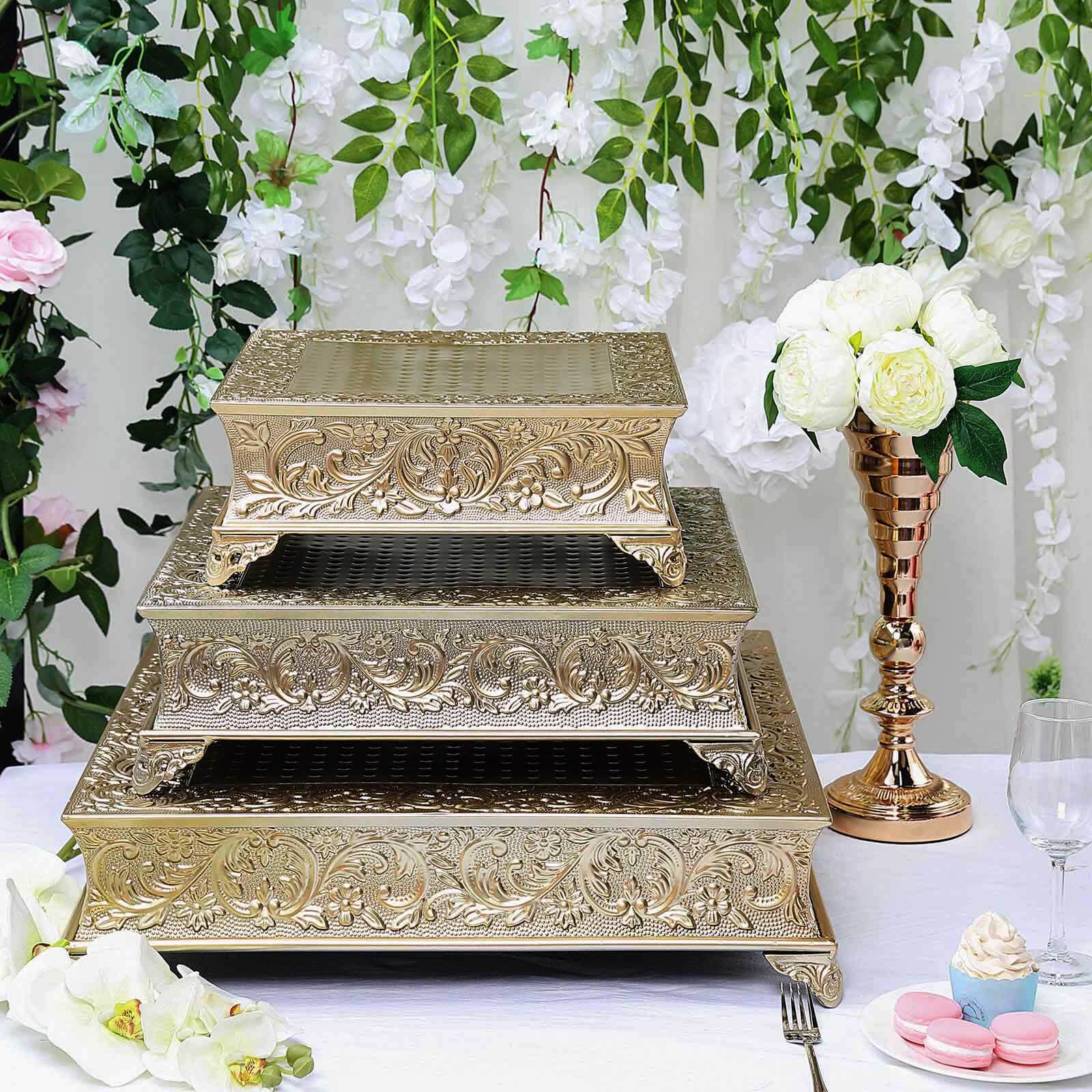 22" Square Gold Embossed Cake Pedestal, Metal Cake Stand Cake Riser