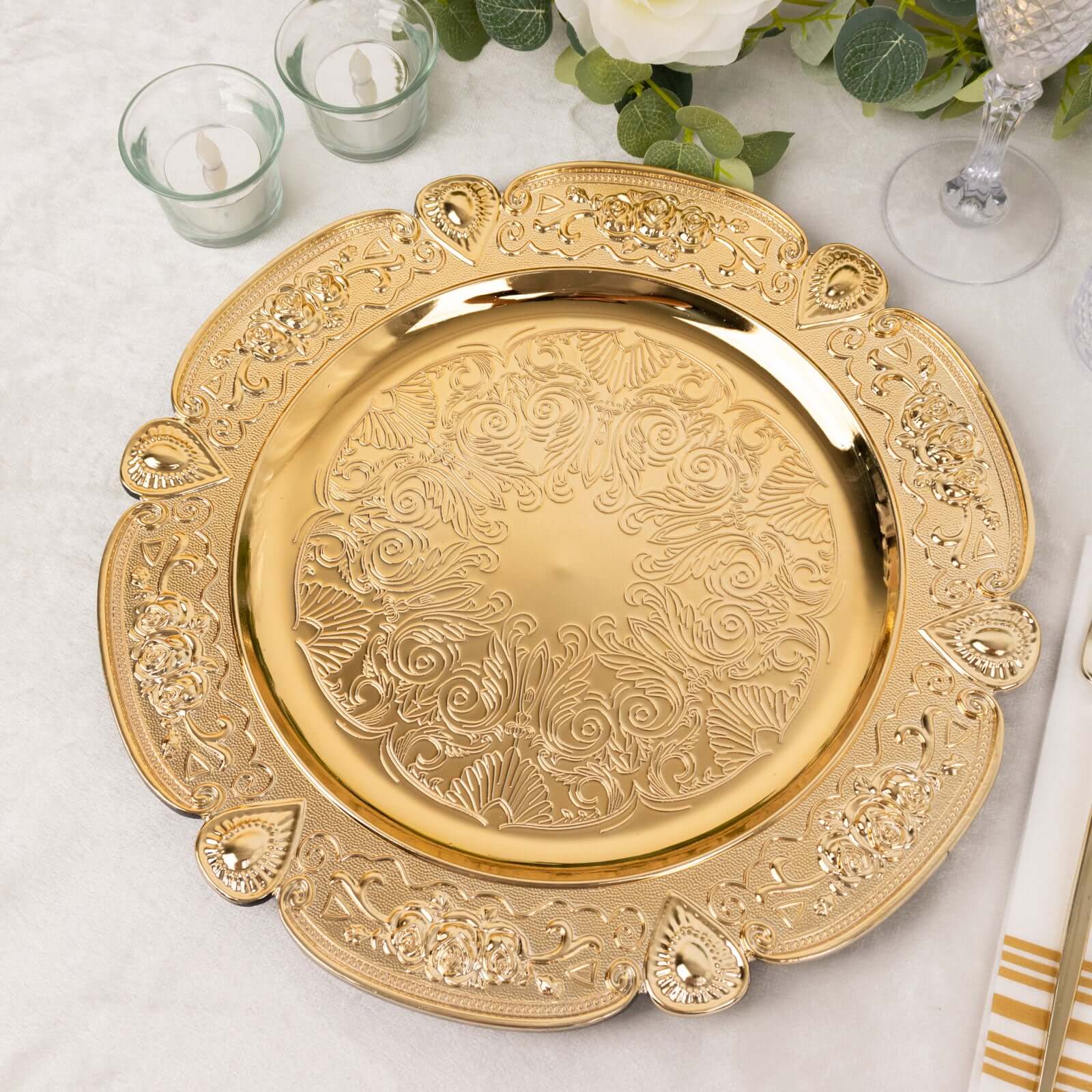 6-Pack Acrylic Round Charger Plates 13" in Gold Floral Embossed with Scalloped Rim, Plastic Decorative Charger Tableware