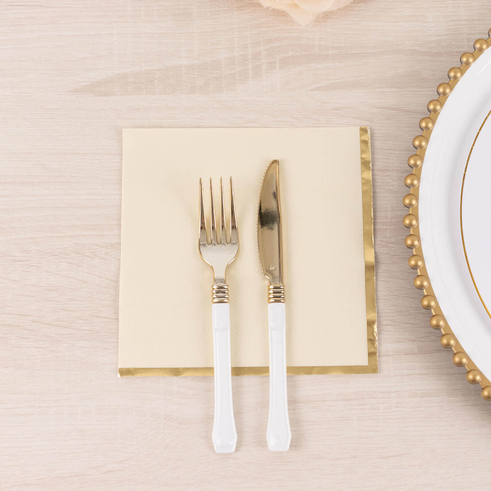 50-Pack Paper Beverage Napkins with Gold Foil Edge Ivory - Disposable 2 Ply Cocktail Napkins for Events 6.5"x6.5"