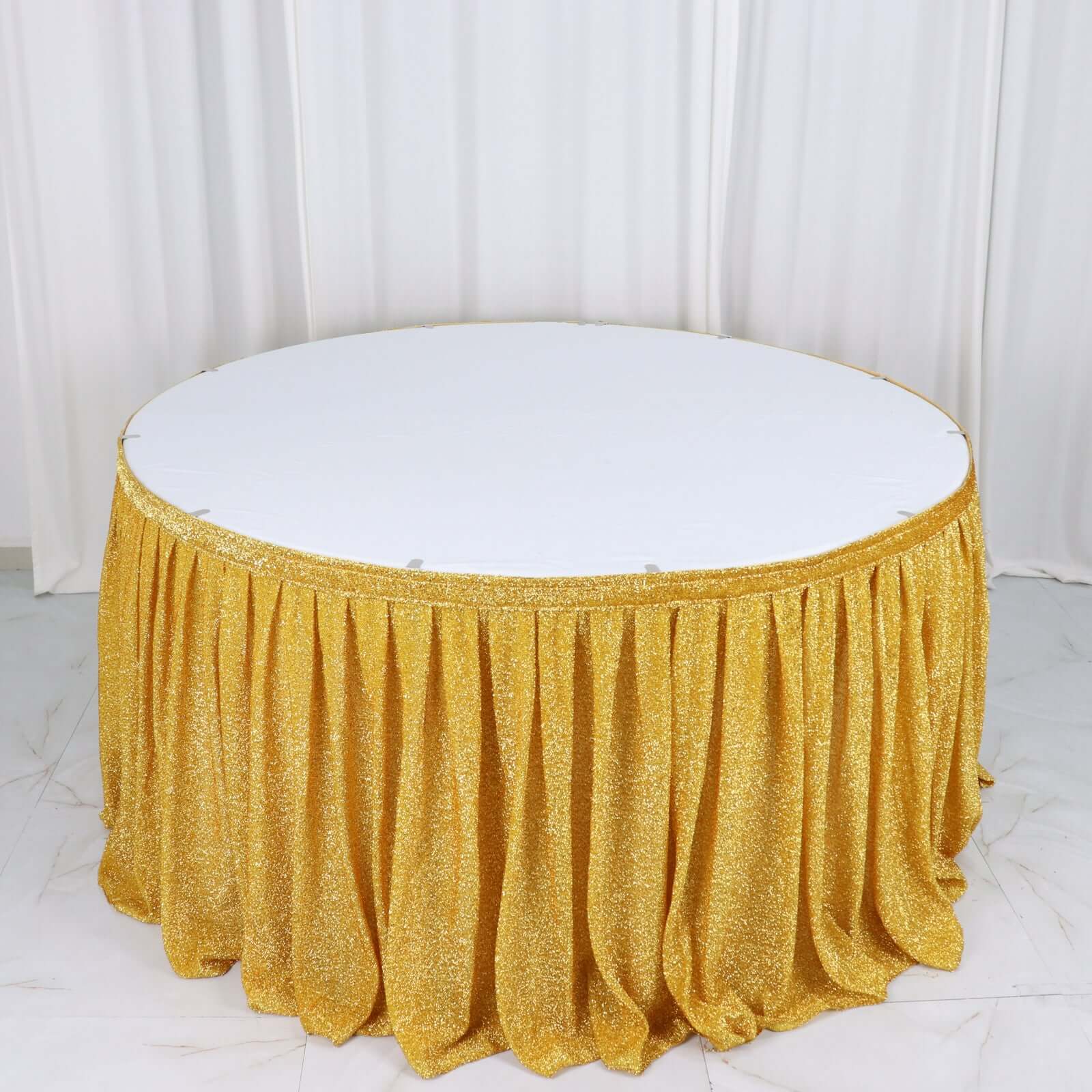 Spandex 17ft Table Skirt Gold Pleated Metallic Shimmer Tinsel with Top Velcro Strip Event Decoration
