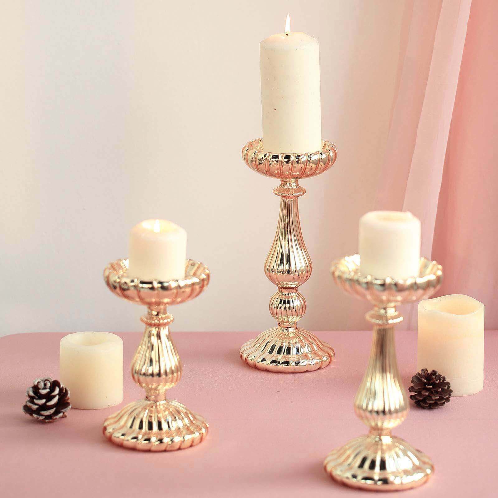 Set of 3 Candle Holder Stands Gold Mercury Glass Pillar Design - Stylish Votive Centerpieces for Tables & Decor 7", 8", 10"