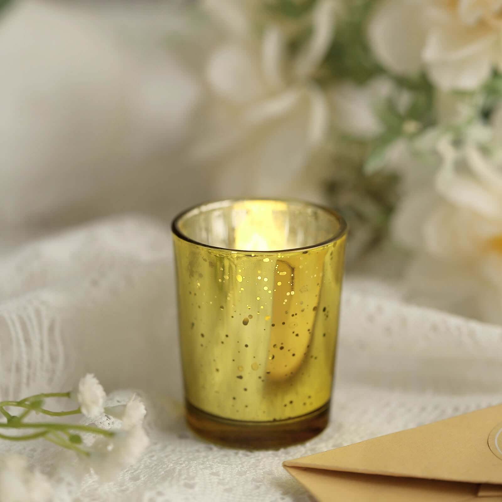 12-Pack Mercury Glass Candle Holders Gold with Speckled Design - Votive Tealight Holders 2"