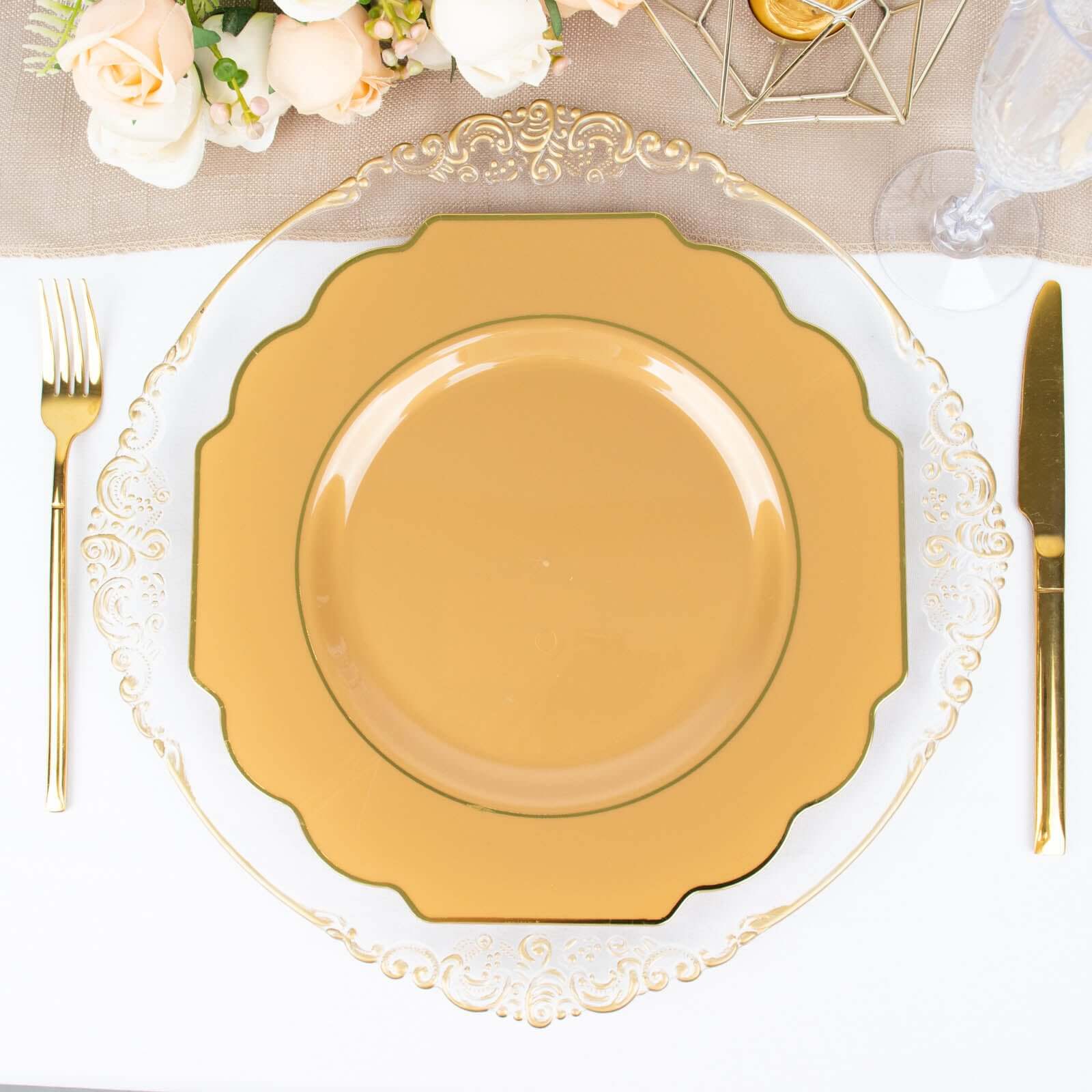 10-Pack Plastic Dinner Plates in Gold Baroque Design with Scalloped Gold Rim - Heavy Duty Disposable Party Plates for Events & Banquets 11"