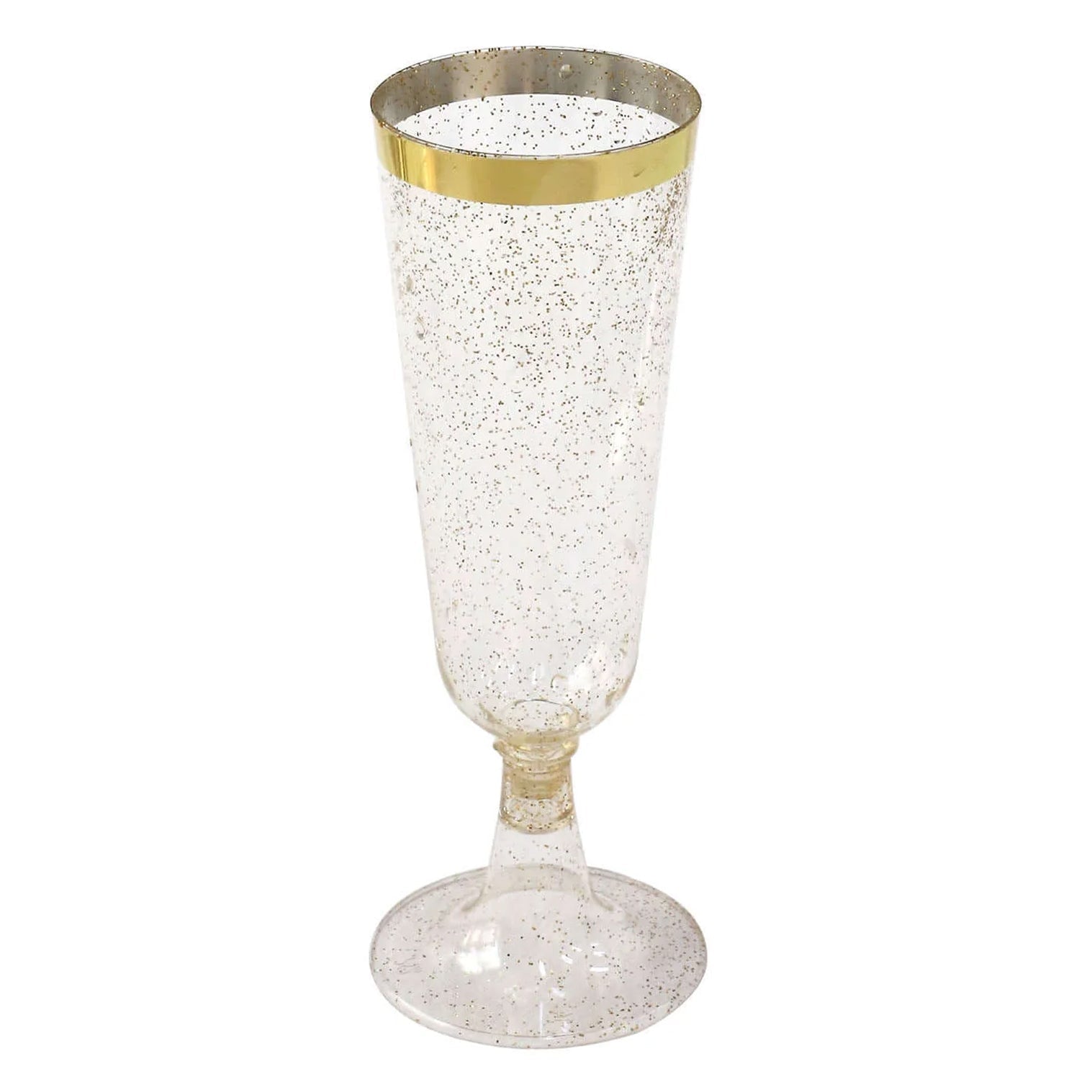 12-Pack Plastic Champagne Flutes Clear Gold Glittered with Gold Rim - Stylish Disposable Cocktail Glasses for Parties 5oz 6"