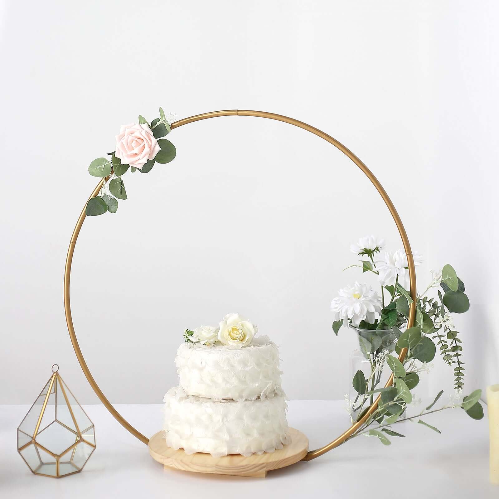 Metal Round Floral Hoop Cake Stand Gold - Chic Geometric Dessert Display DIY Centerpiece Table Decoration With Wooden Base 33"