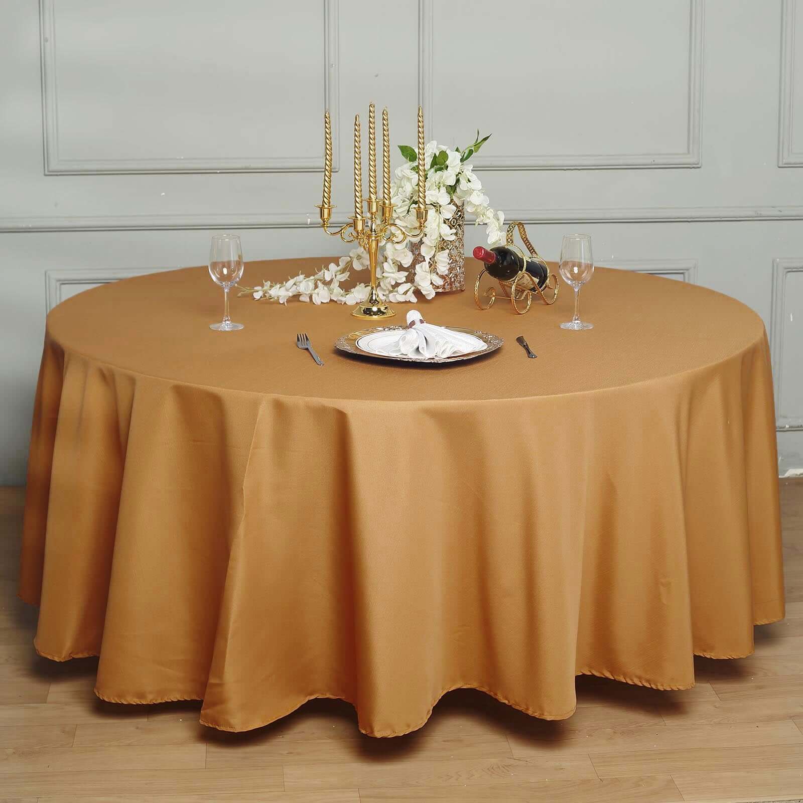 Polyester 120" Round Tablecloth Gold - Seamless Wrinkle-Resistant Design for Weddings