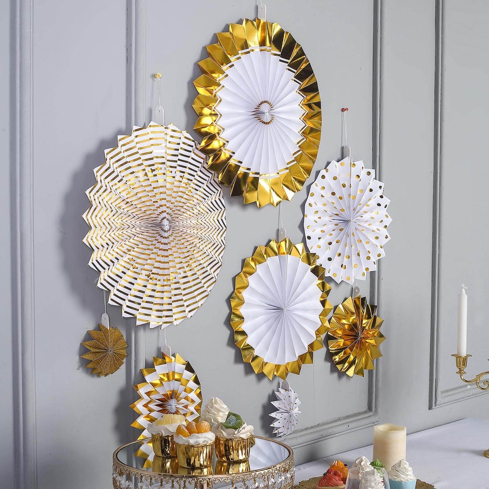 Set of 8 Gold White Hanging Paper Fan Decorations, Pinwheel Wall Backdrop Party Kit - 4", 8", 12", 16"
