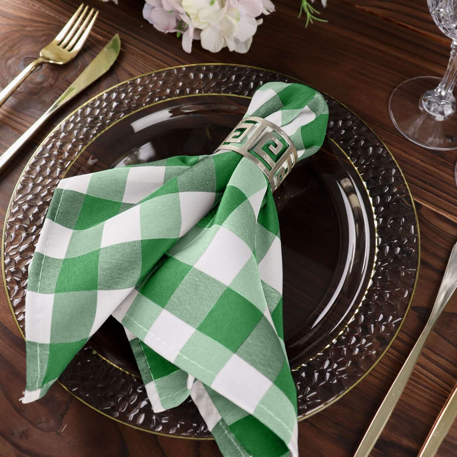 5 Pack Polyester 15"x15" Napkins Green/White Buffalo Plaid Gingham Style Cloth Napkins
