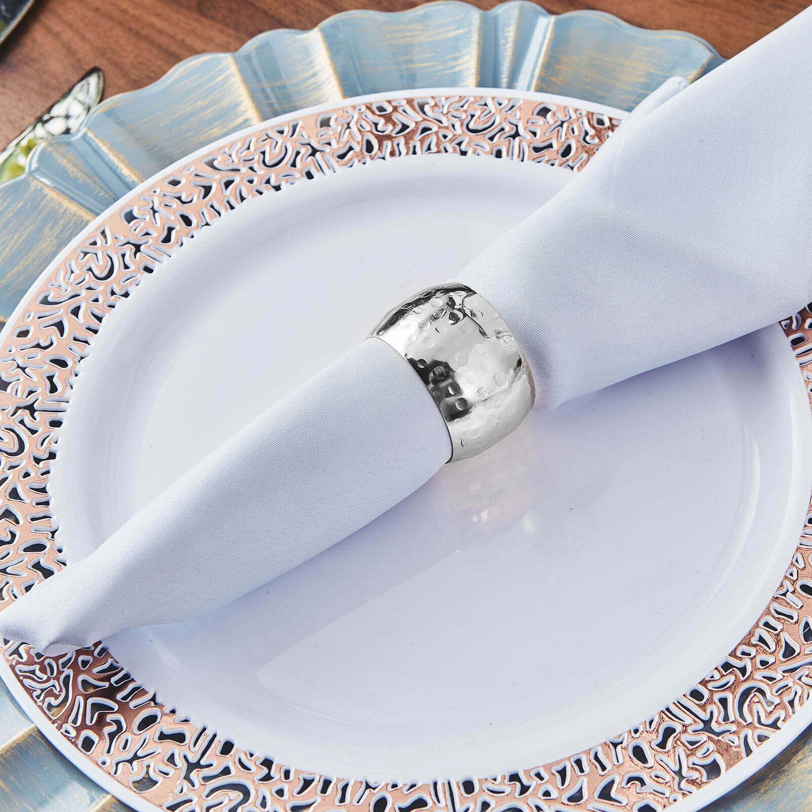 4 Pack Metallic Silver Hammered Pattern Metal Napkin Rings