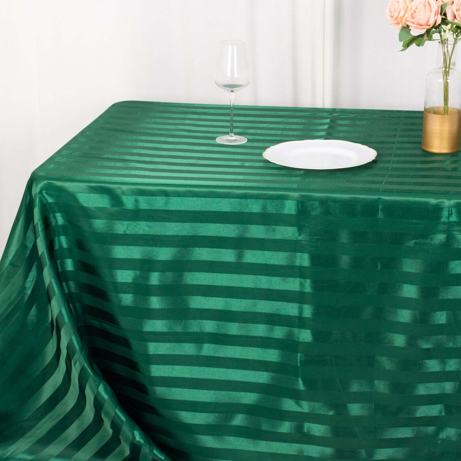 Satin Striped 90"x132" Rectangular Tablecloth Hunter Emerald Green Satin Stripe - Seamless Silky Smooth Table Cover