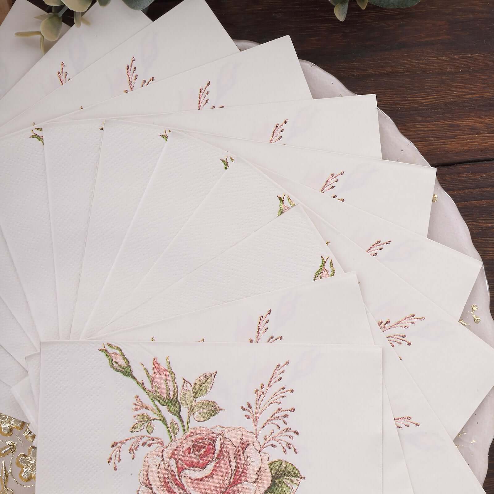 50-Pack Paper Beverage Napkins with Pink Floral Design Ivory - 2 Ply Soft 18GSM Rose Garden Wedding Napkins 6.5"x6.5"