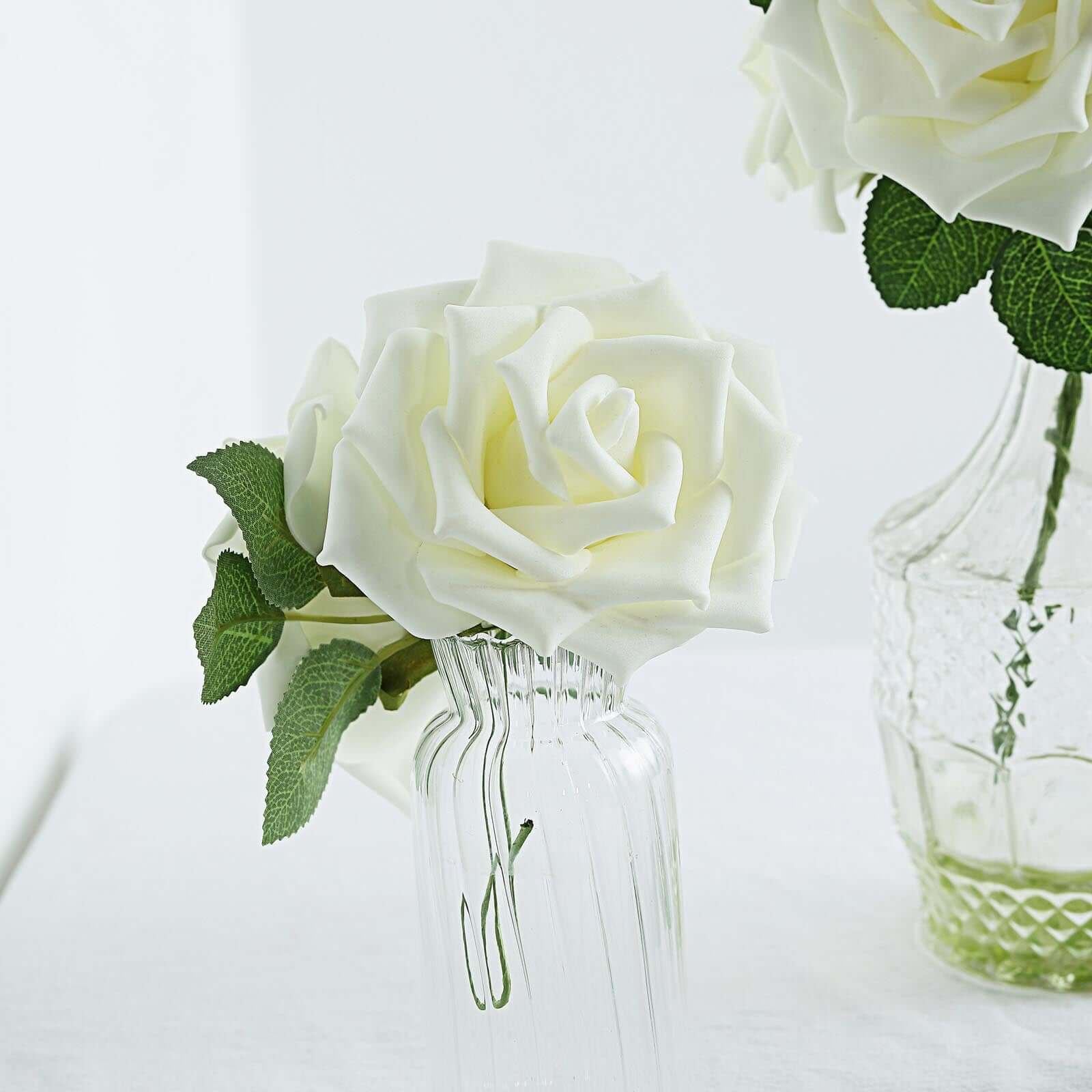 24 Roses 5" Ivory Artificial Foam Flowers With Stem Wire and Leaves