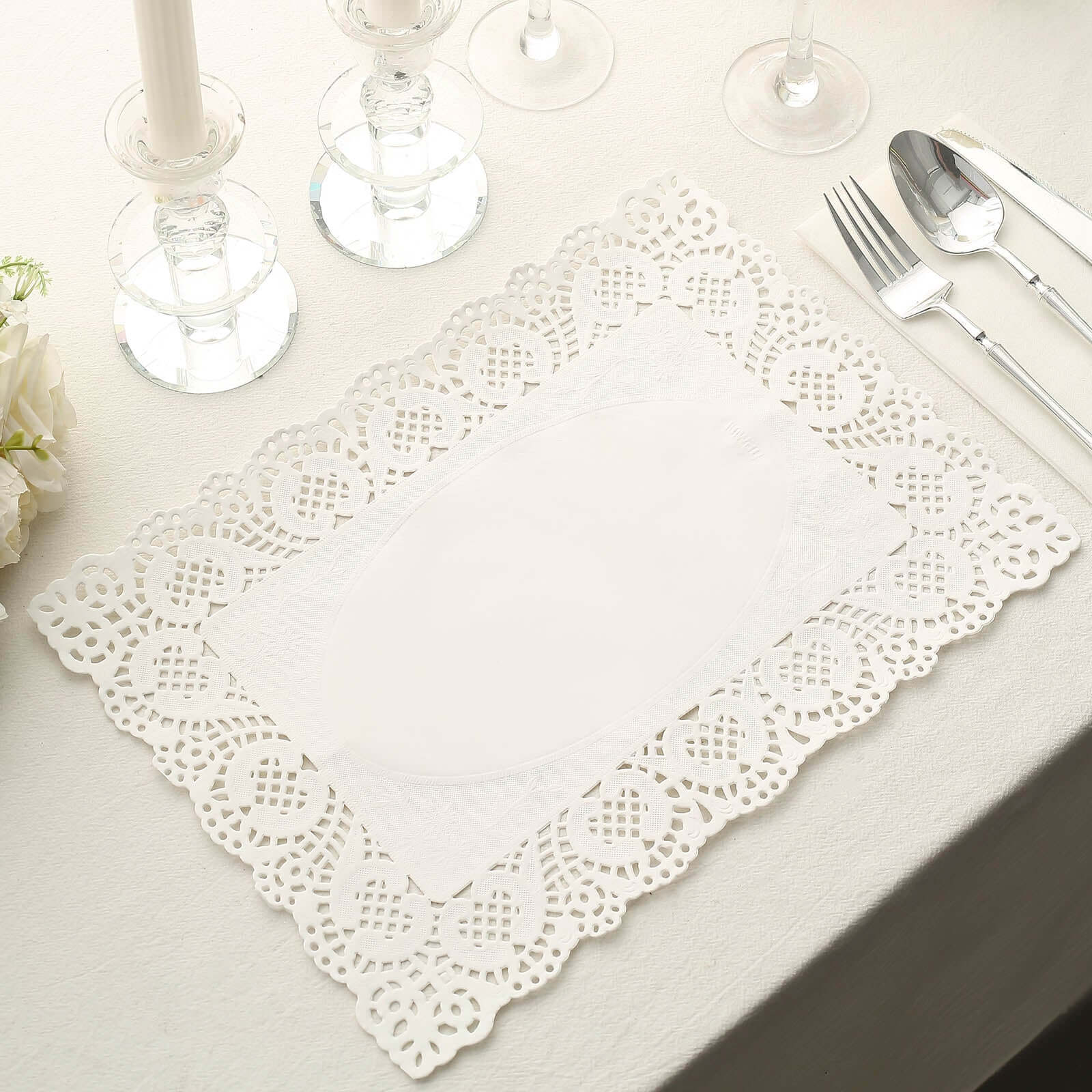 100 Pcs Paper 14"x10" Rectangle Placemats in White - Food Grade Lace Paper Doilies for Dessert Display & Table Decor