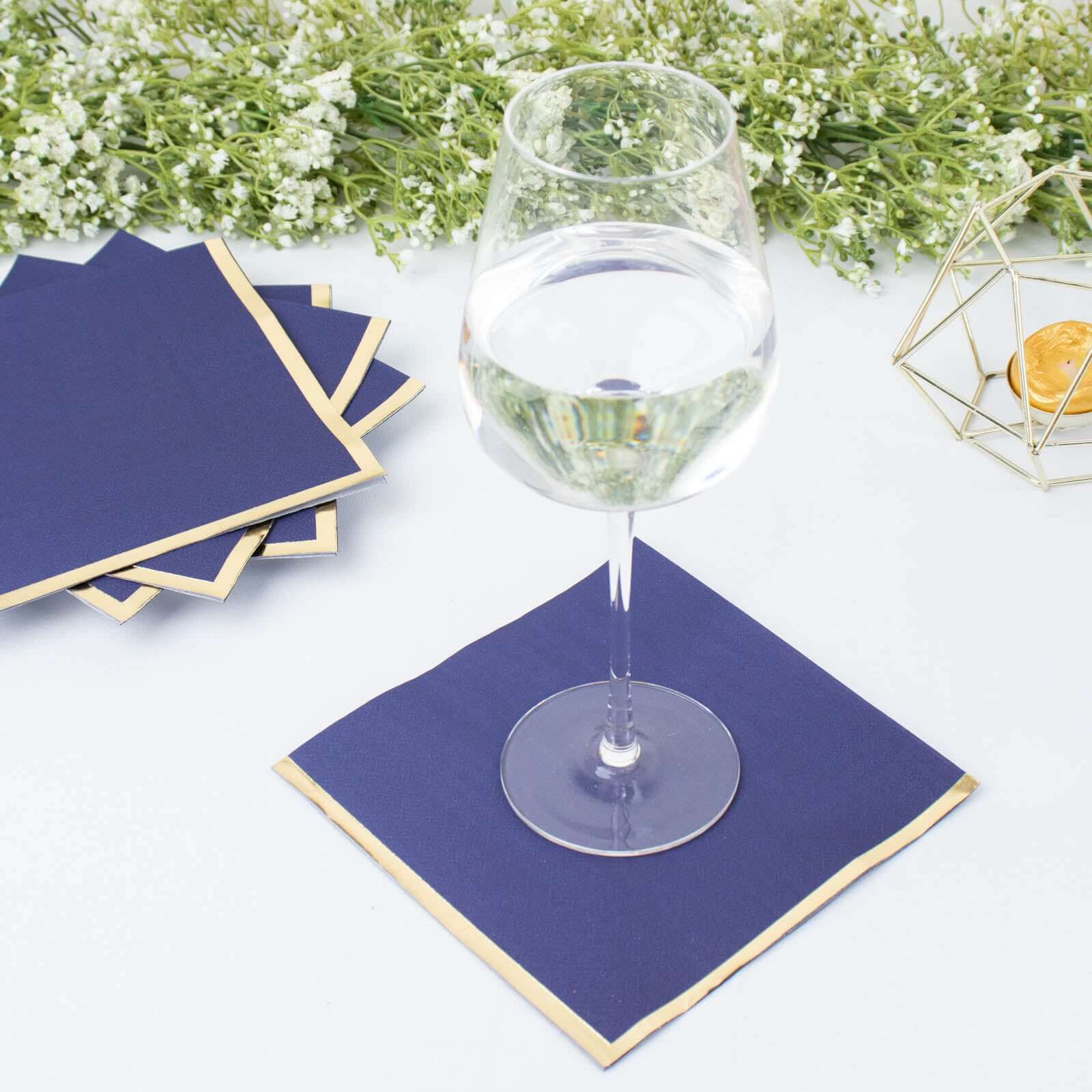 50-Pack Paper Beverage Napkins with Gold Foil Edge Navy Blue - Disposable 2 Ply Cocktail Napkins for Events 6.5"x6.5"