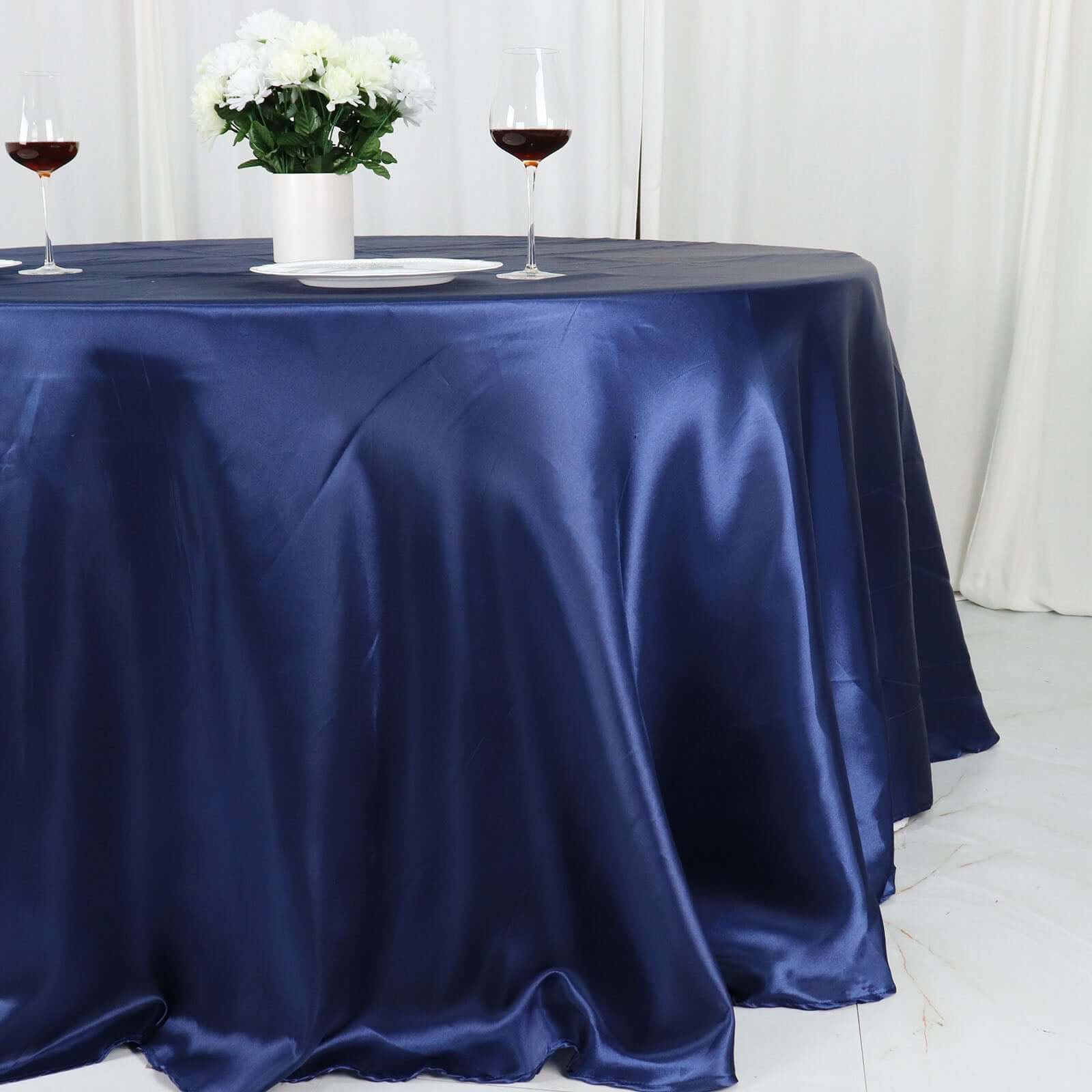 Satin 132" Round Tablecloth Navy Blue - Stylish Seamless Table Cover